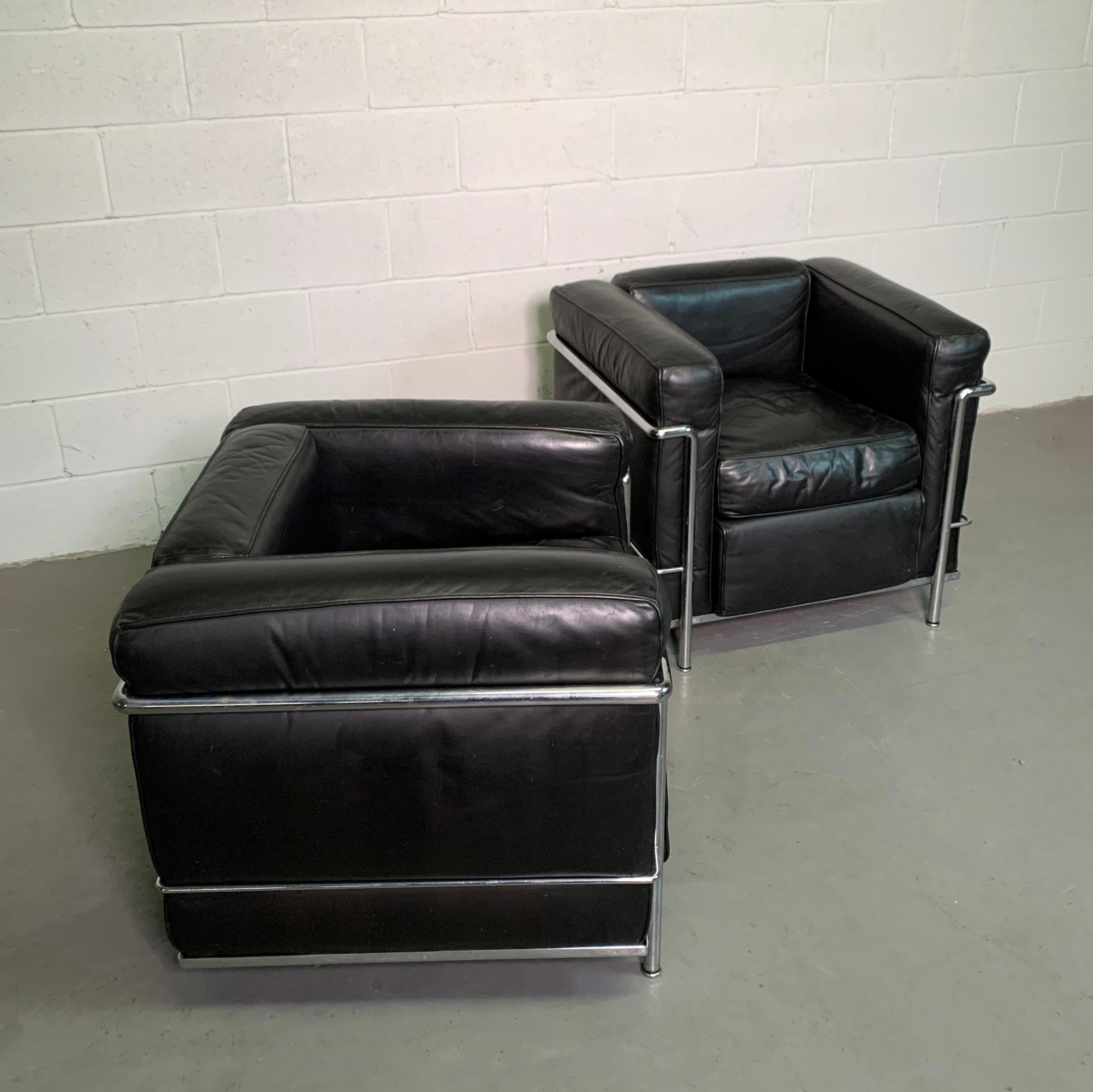 Italian Leather and Chrome LC2 Club Chairs by Le Corbusier for Cassina