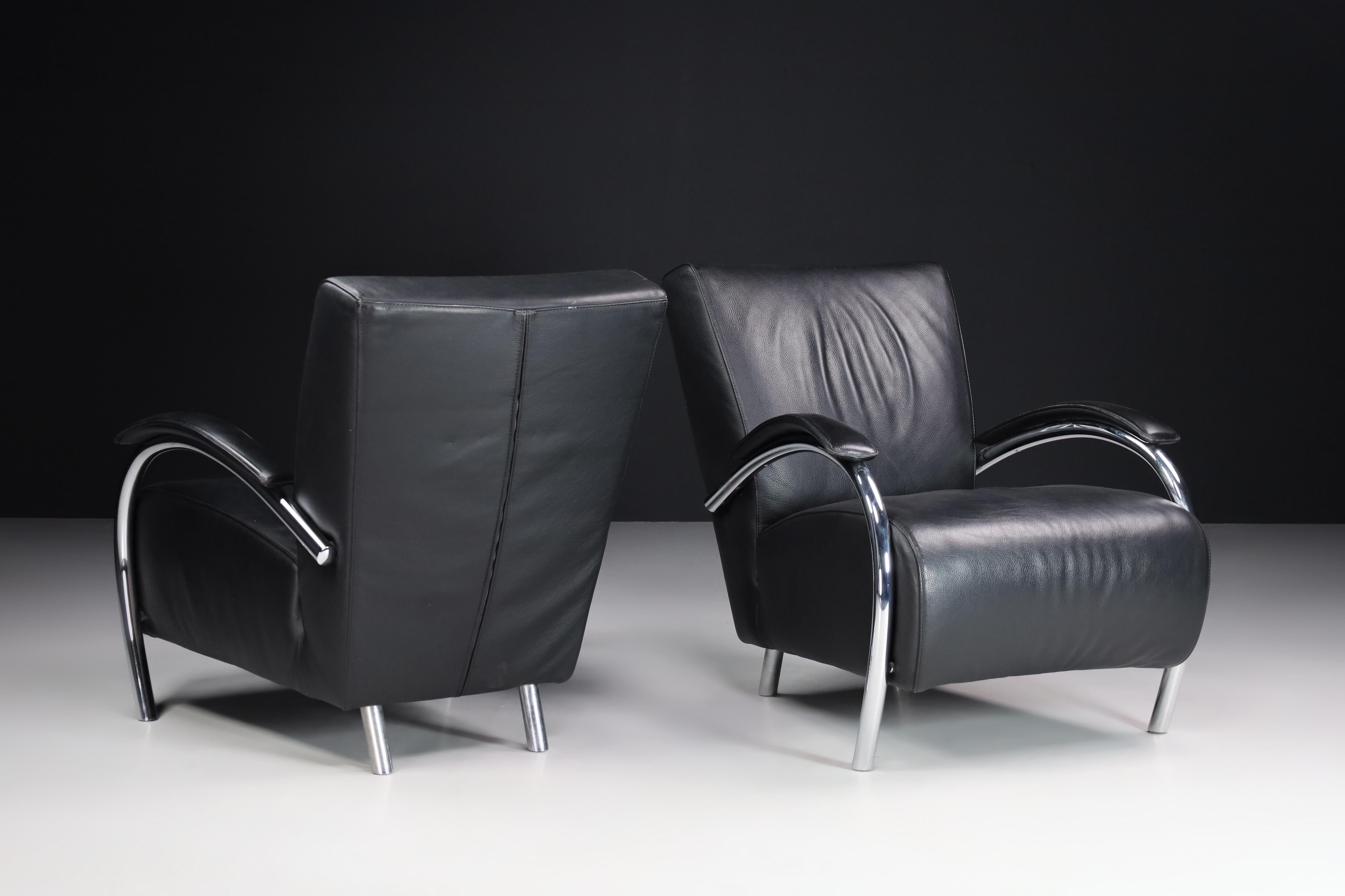 Mid-Century Modern Leather and Chrome Lounge Chairs For Molinari, Italy 1980s For Sale