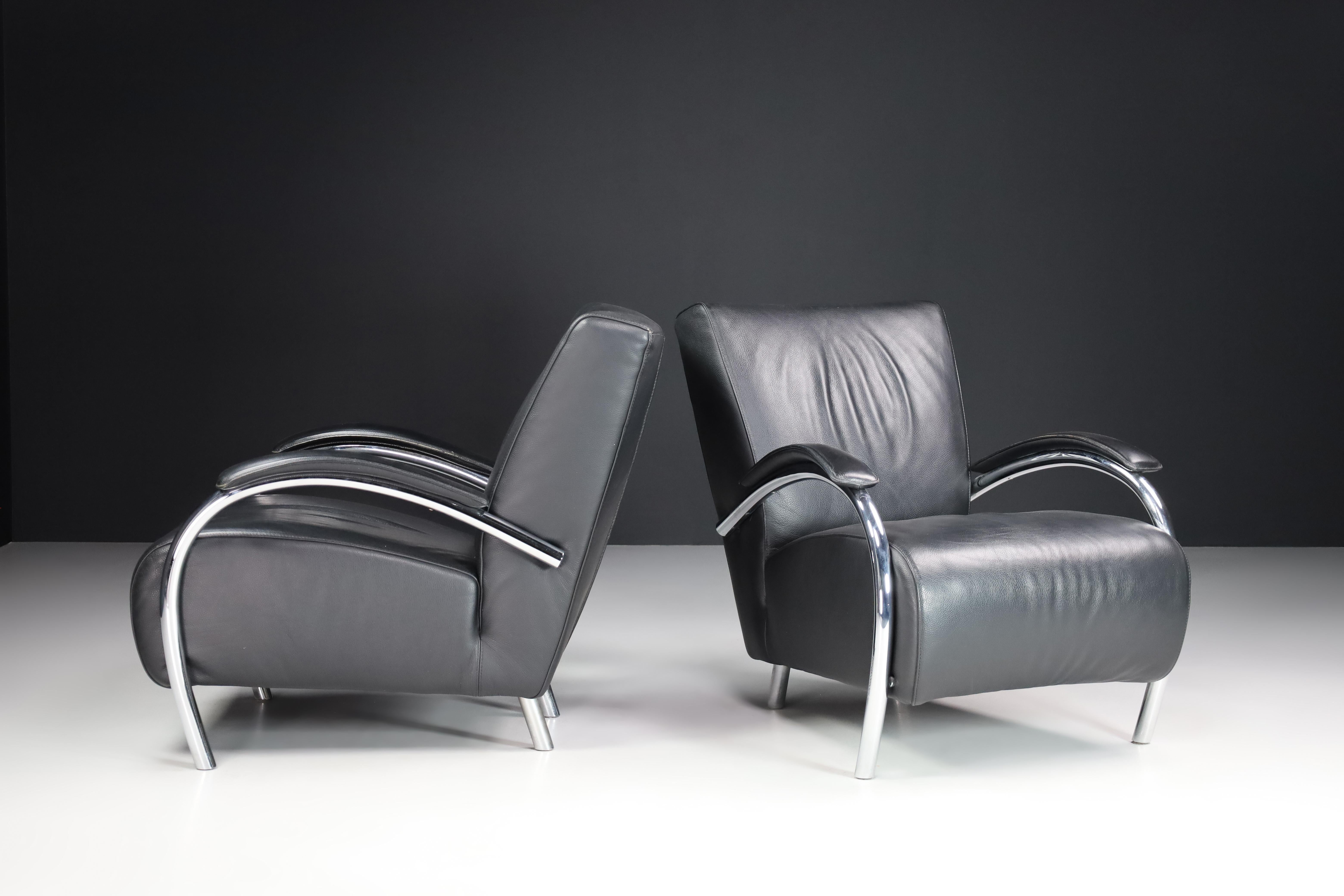 Leather and Chrome Lounge Chairs For Molinari, Italy 1980s In Good Condition For Sale In Almelo, NL