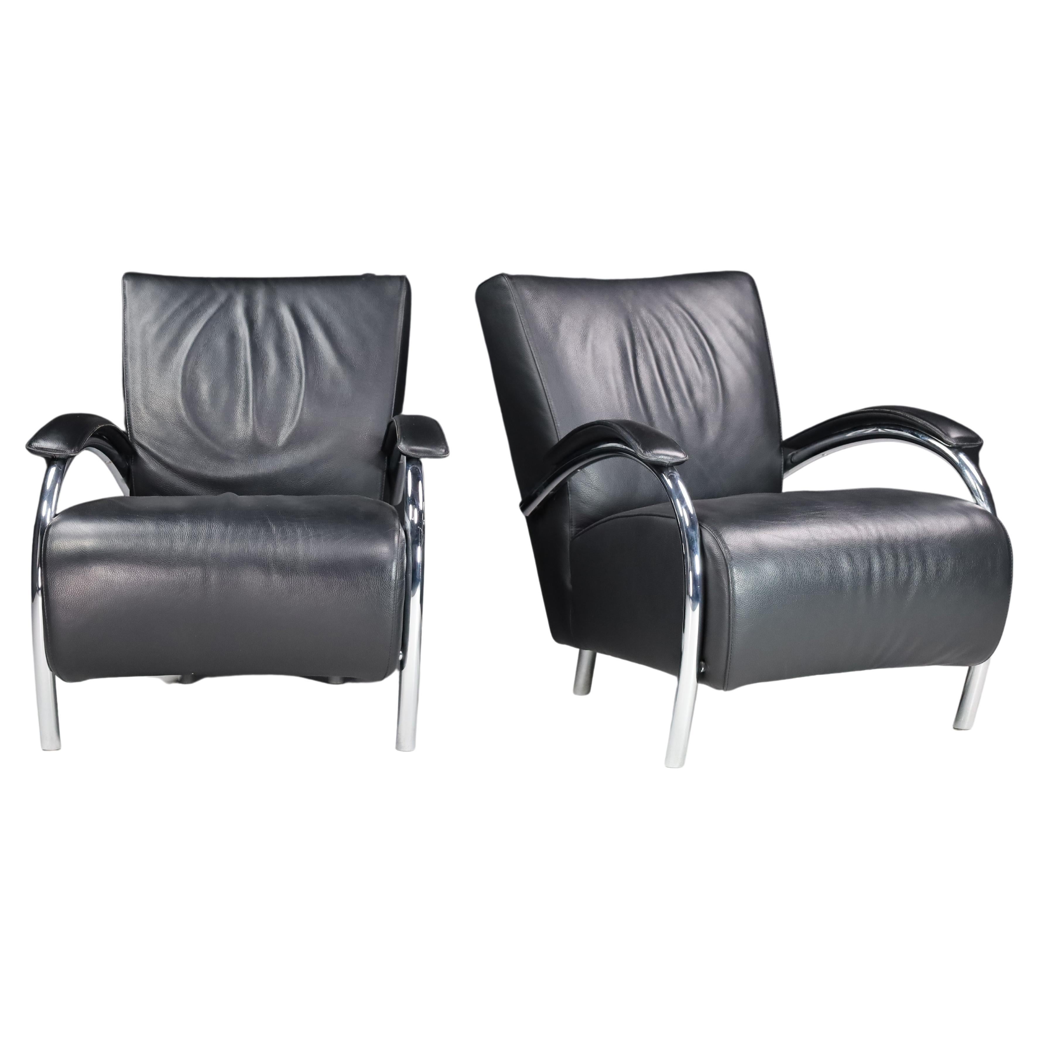 Leather and Chrome Lounge Chairs For Molinari, Italy 1980s For Sale