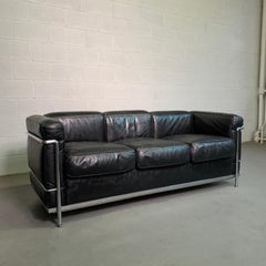 Leather and Chrome Three Seat LC2 Sofa by Le Corbusier for Cassina