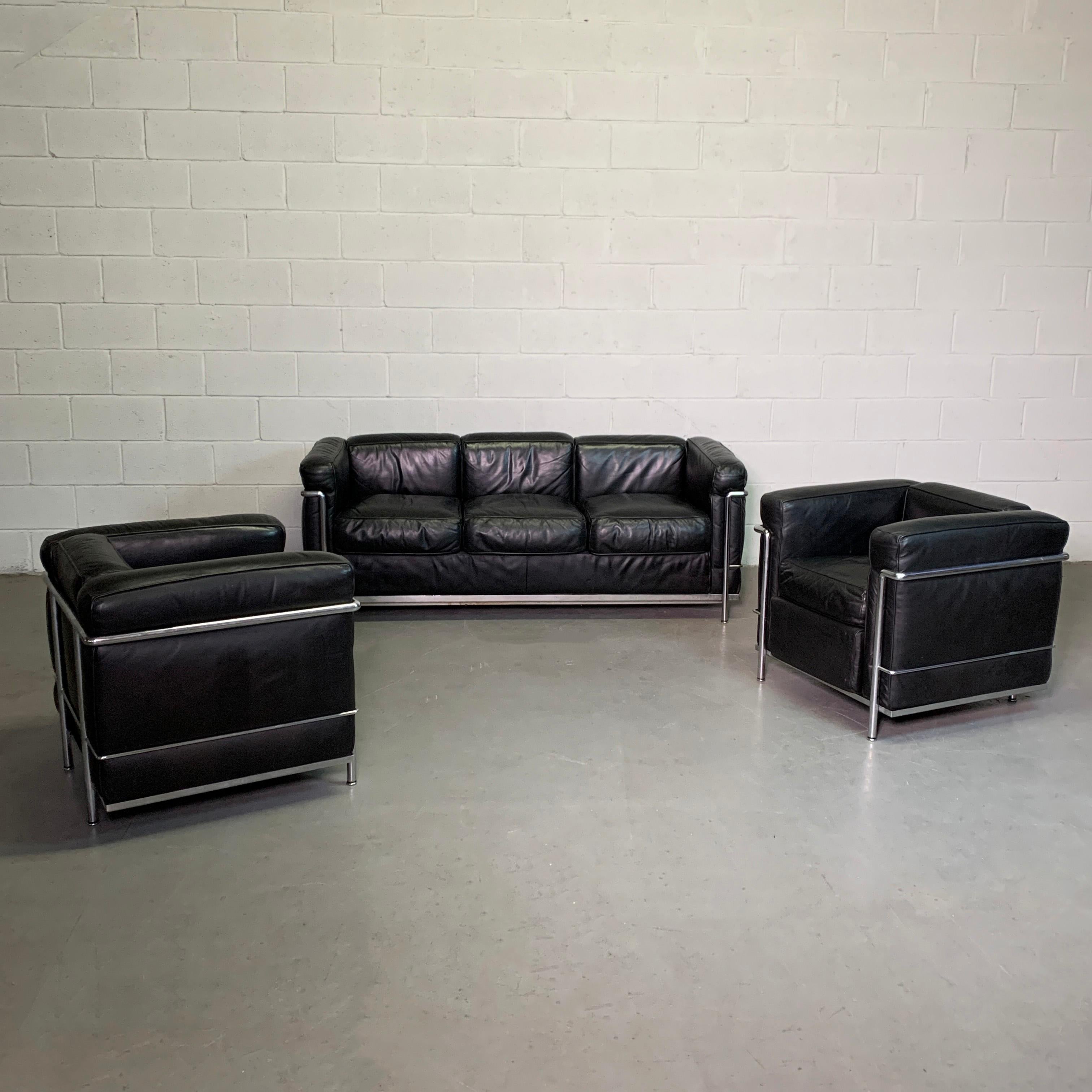 Italian Leather and Chrome Three Seat LC2 Sofa by Le Corbusier for Cassina For Sale