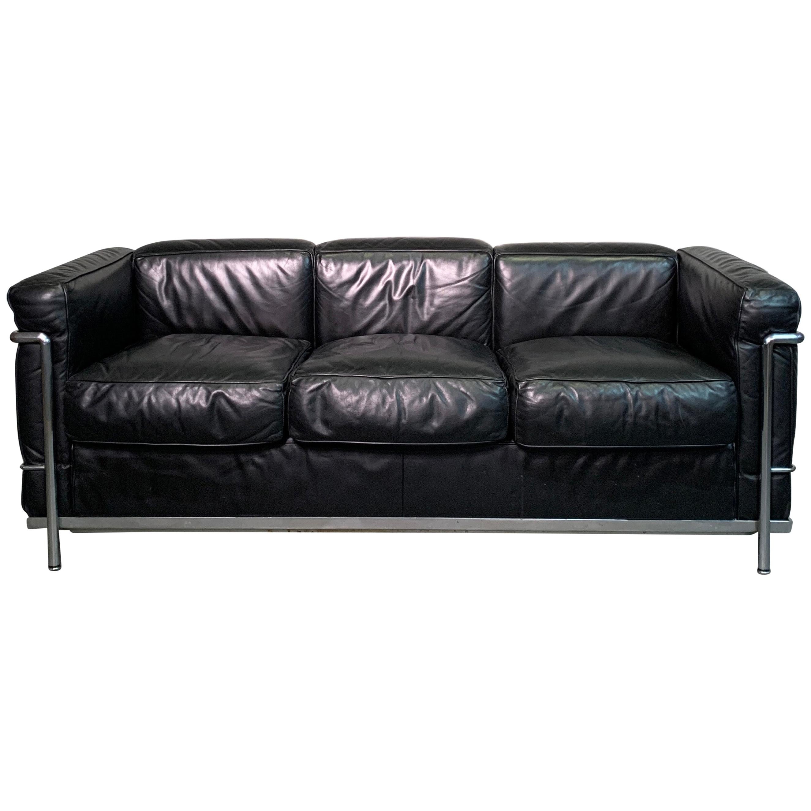 Leather and Chrome Three Seat LC2 Sofa by Le Corbusier for Cassina