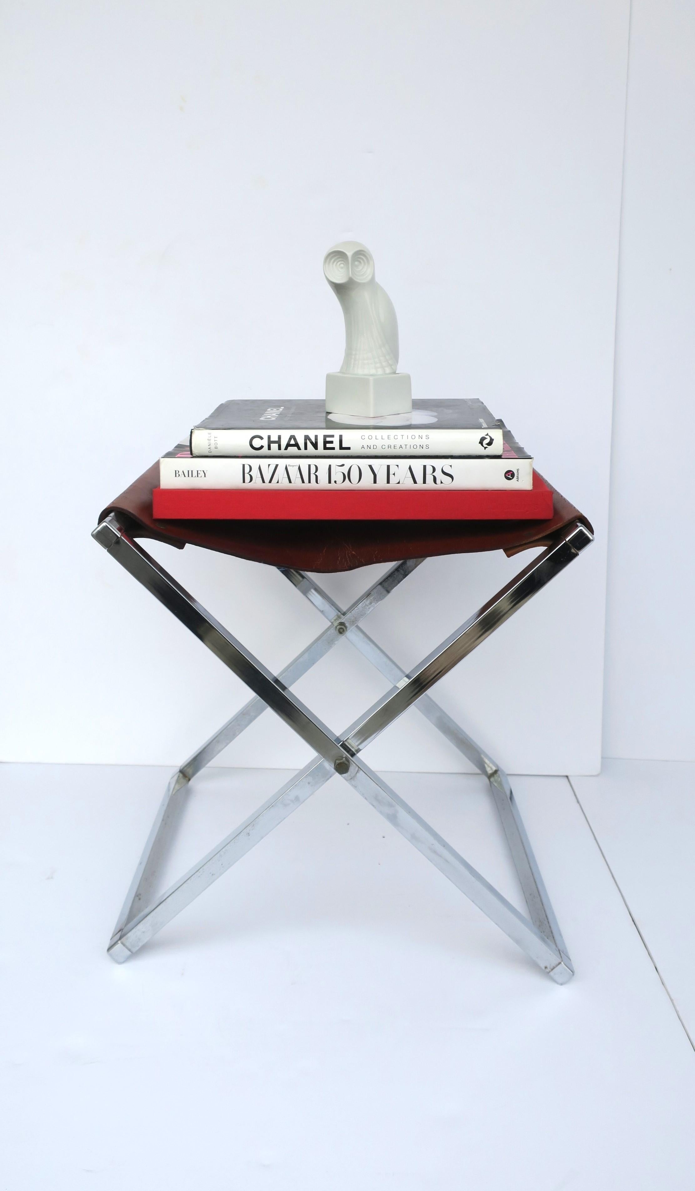 Leather and Chrome Campaign Bench or Stool For Sale 7