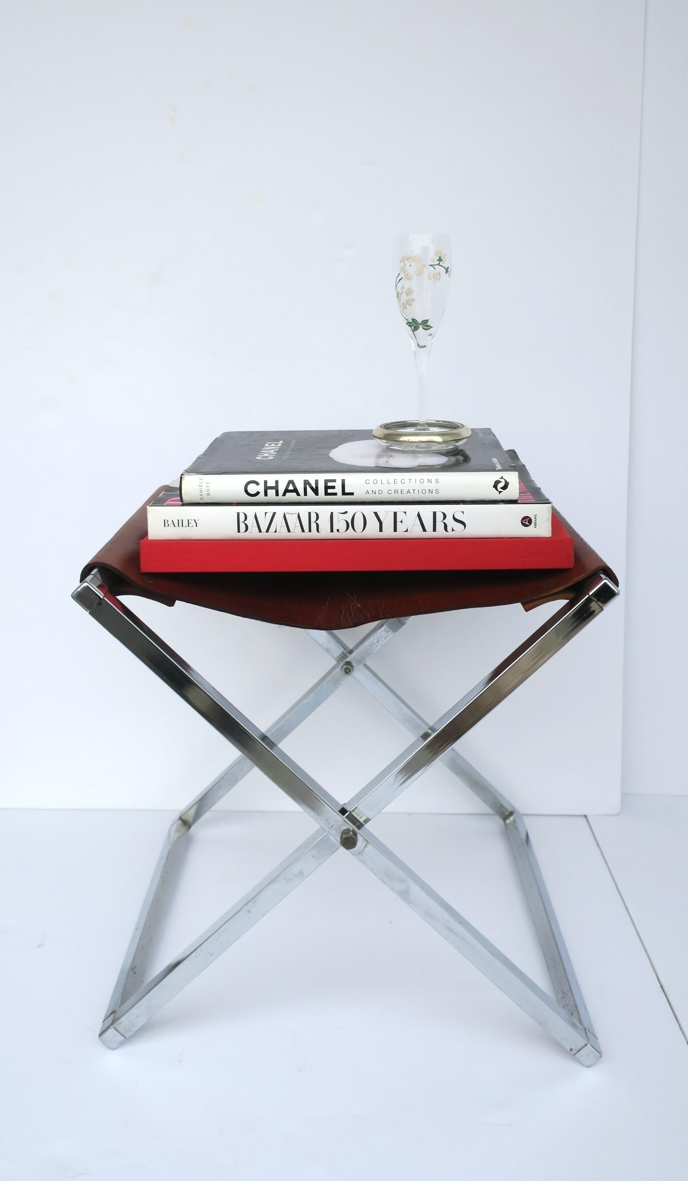 Leather and Chrome Campaign Bench or Stool For Sale 8