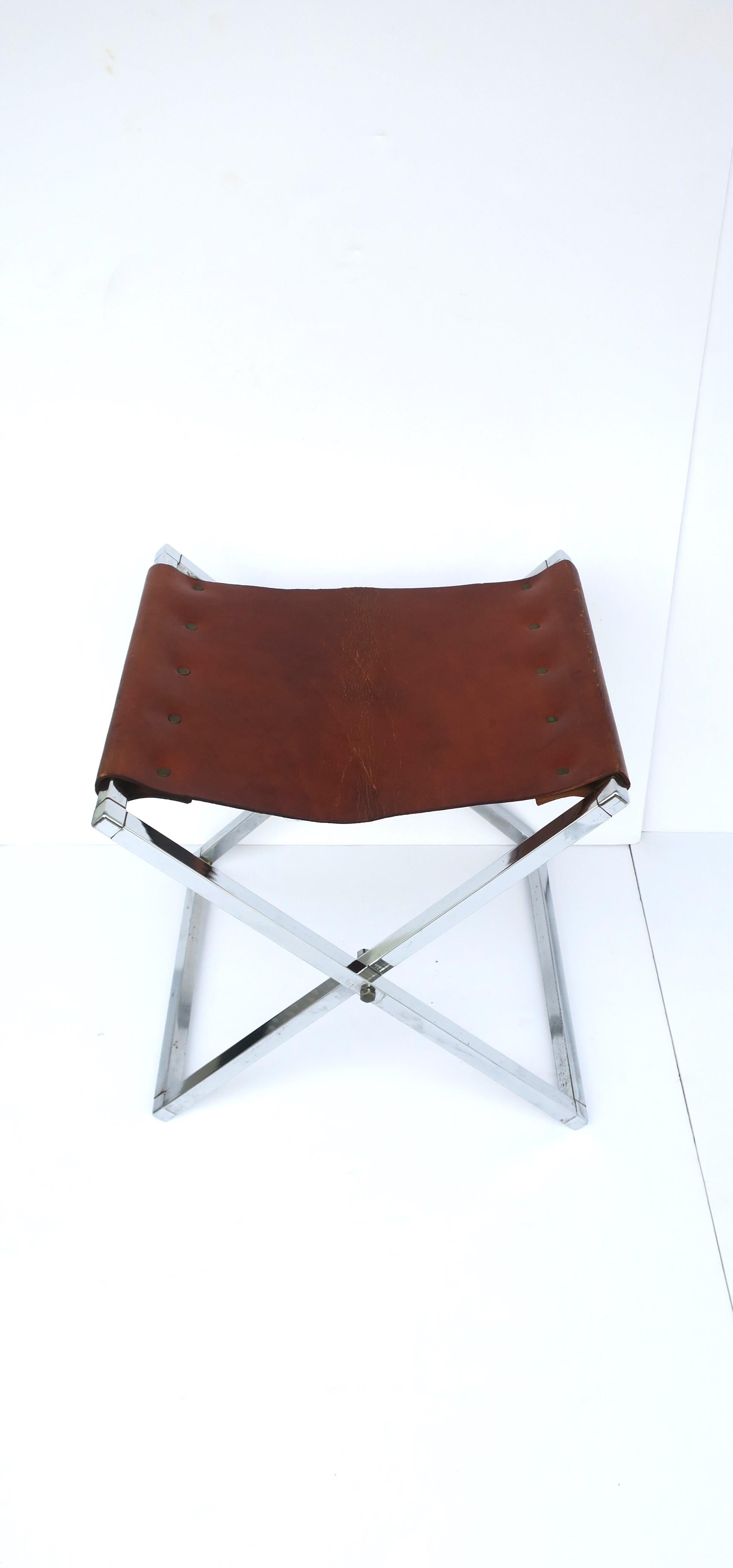 20th Century Leather and Chrome Campaign Bench or Stool For Sale