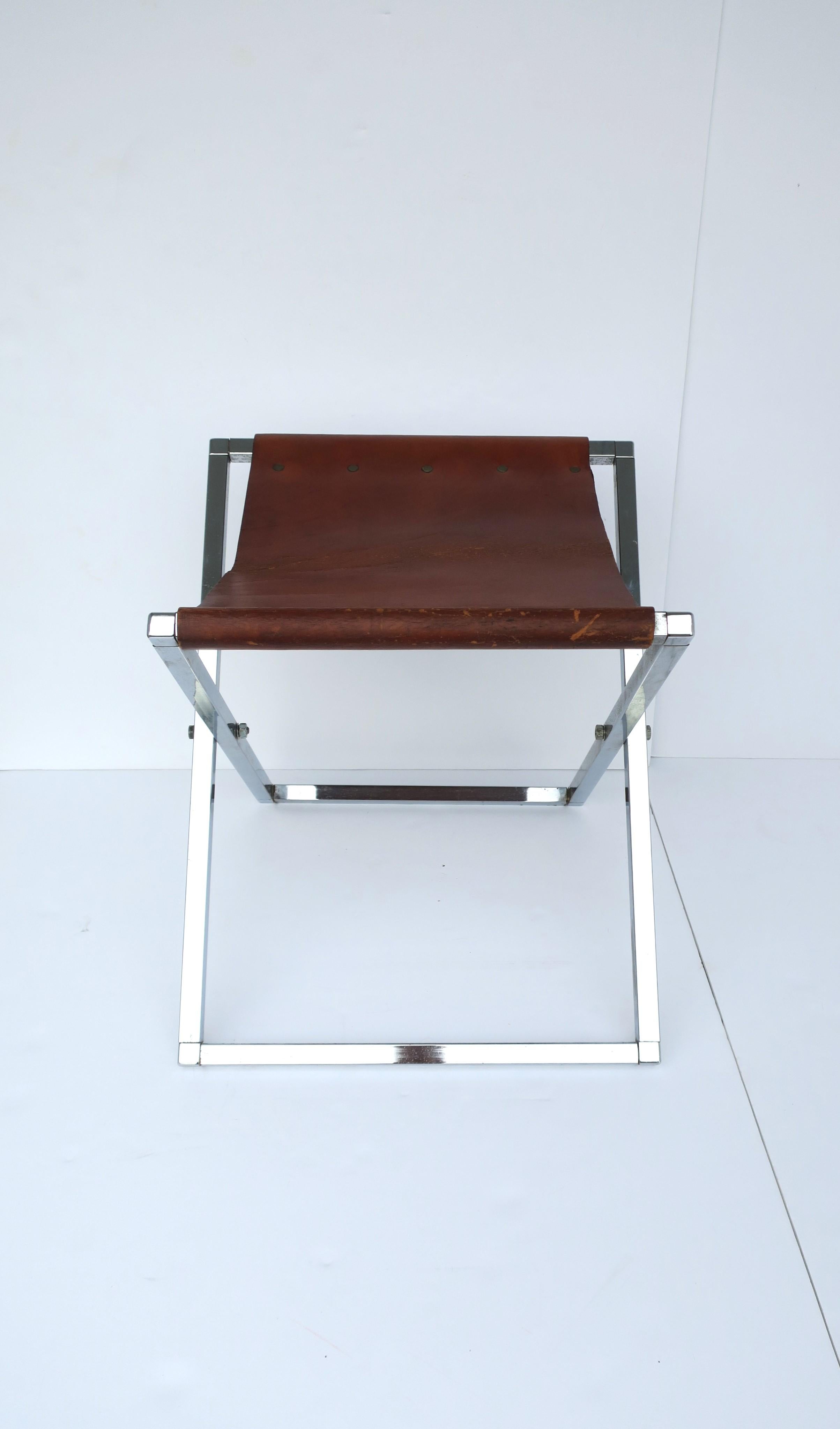 Leather and Chrome Campaign Bench or Stool For Sale 1