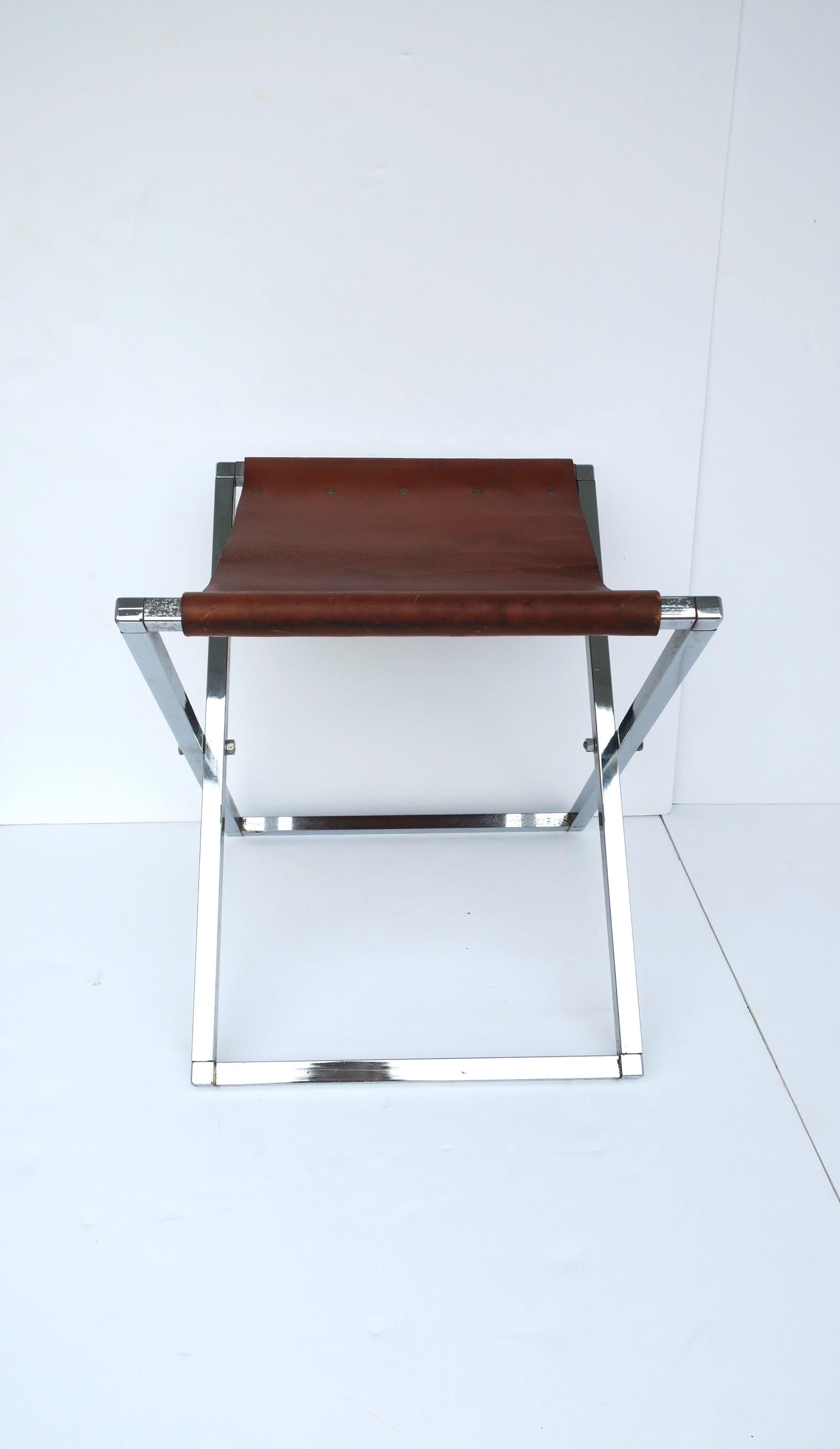 Leather and Chrome Campaign Bench or Stool For Sale 2