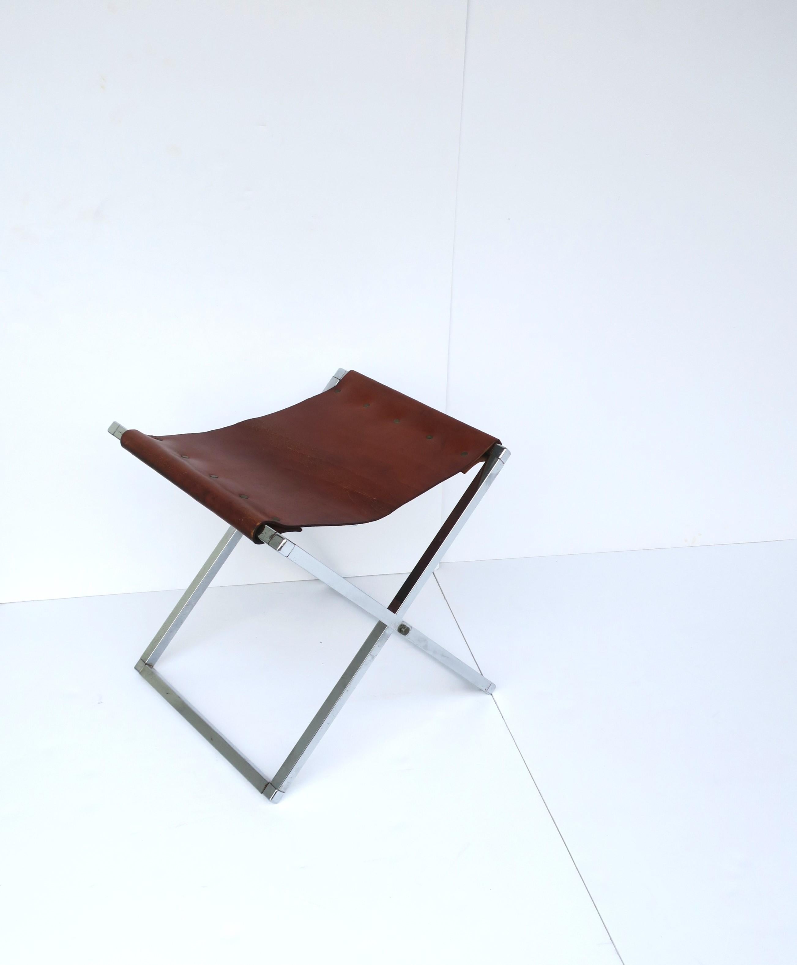 Leather and Chrome Campaign Bench or Stool For Sale 3