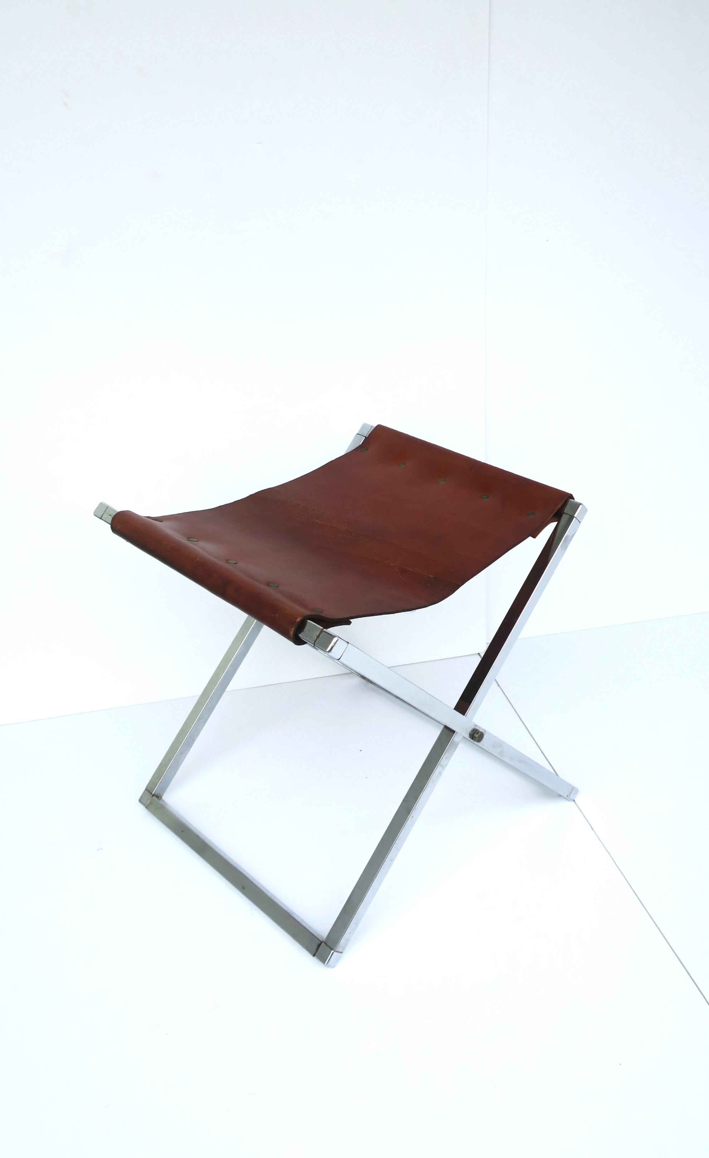 Leather and Chrome Campaign Bench or Stool For Sale 4