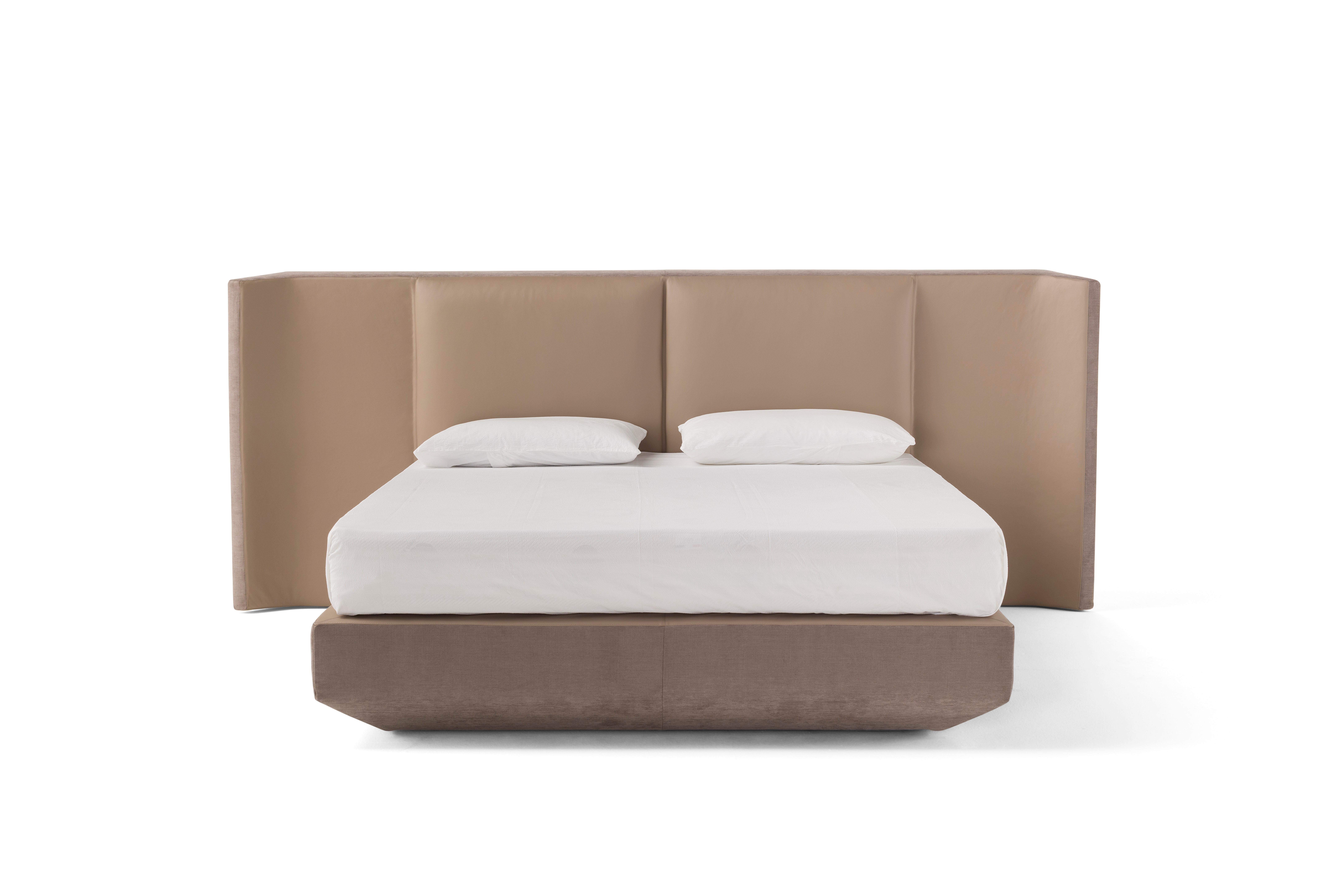 Leather and Fabric Panis Bed by Amura Lab
Dimensions: W 326 x D 207 x H 126 cm
Materials: FRAME: solid wood and multiply polyurethane foam, density 45kg/m3, SOMMIER: polyurethane foam, density 35 kg/m3, + pocket springs. HEADBOARD: polyurethane