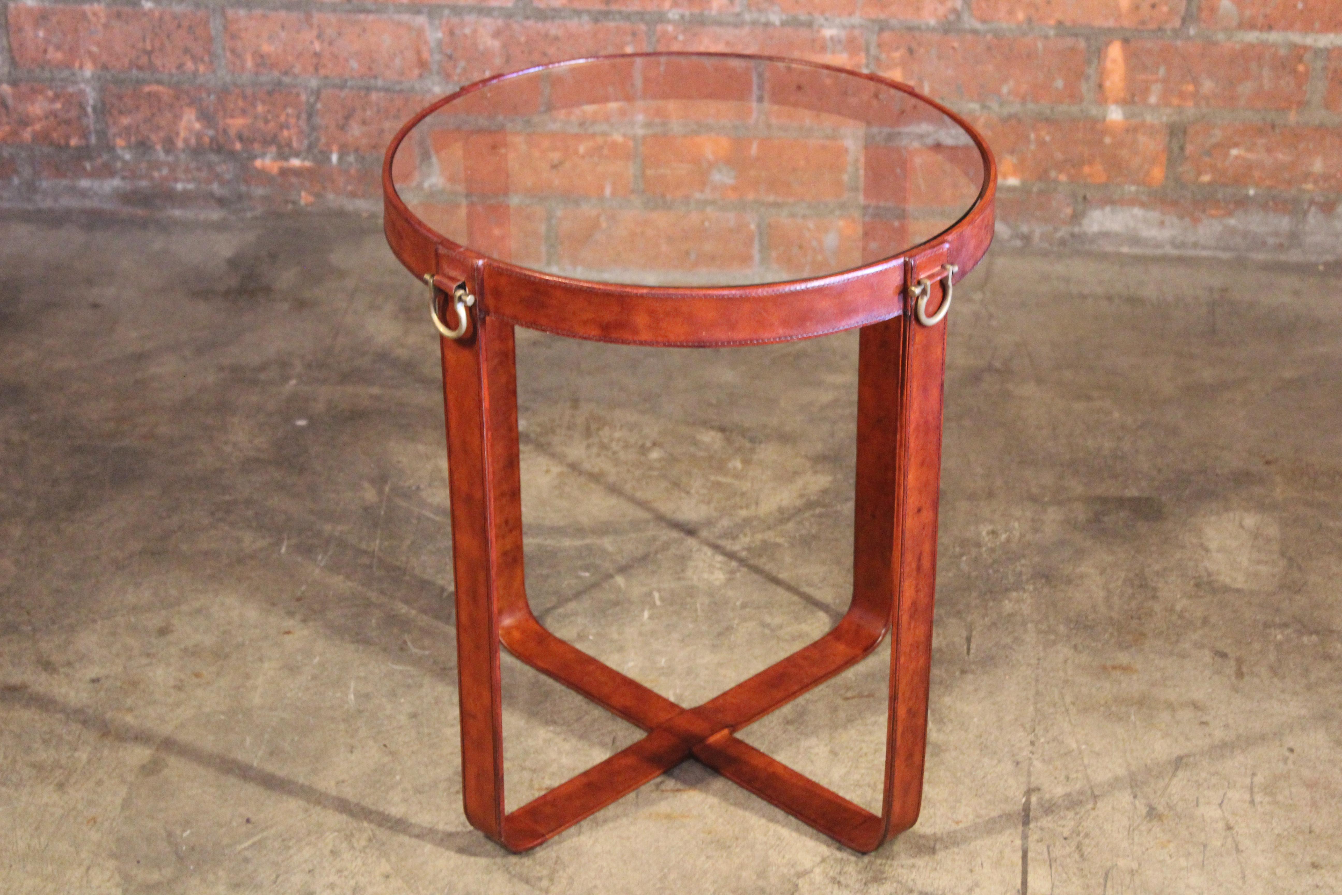 Leather and Glass Side Table in the Style of Jacques Adnet 5