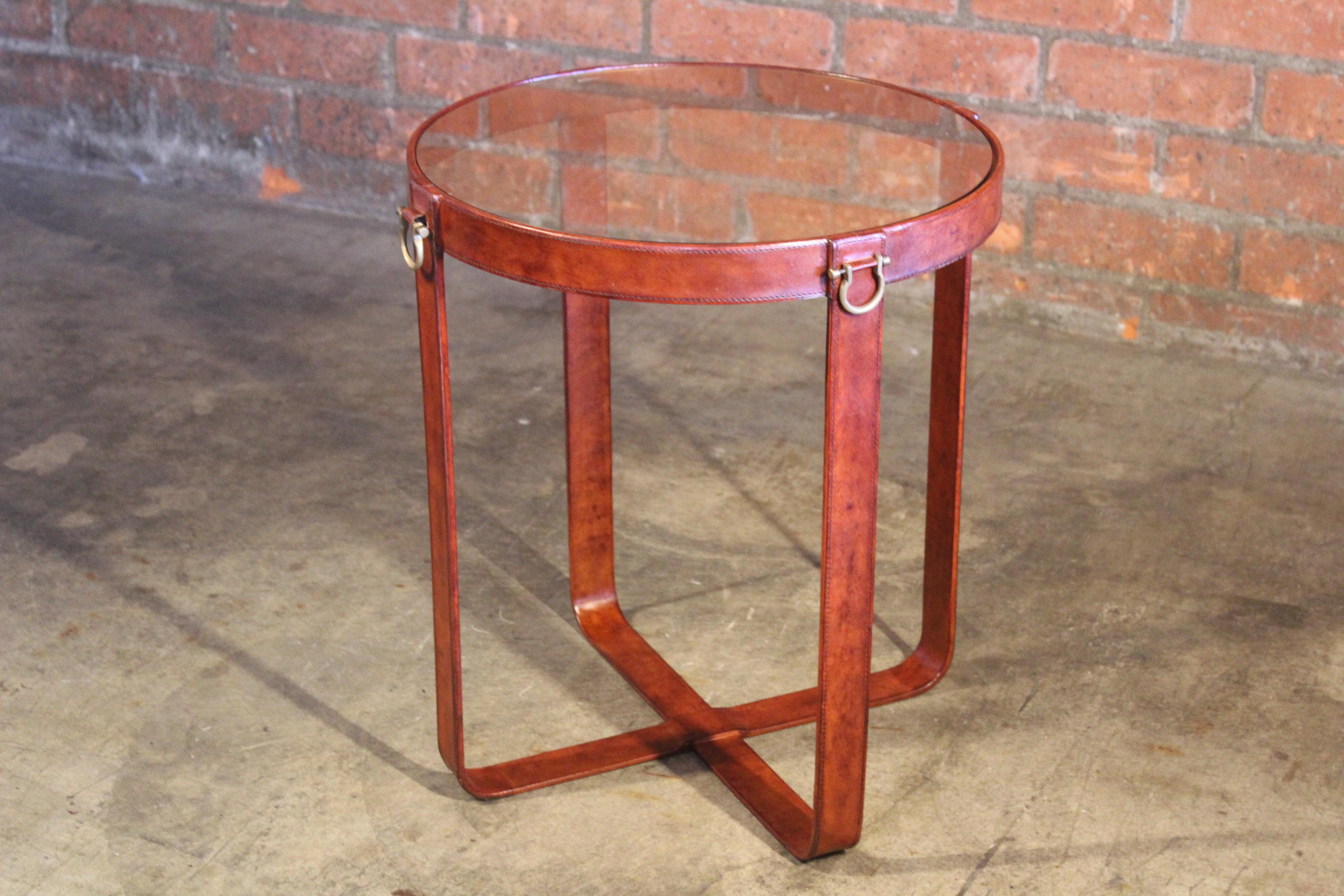 Leather and Glass Side Table in the Style of Jacques Adnet 6