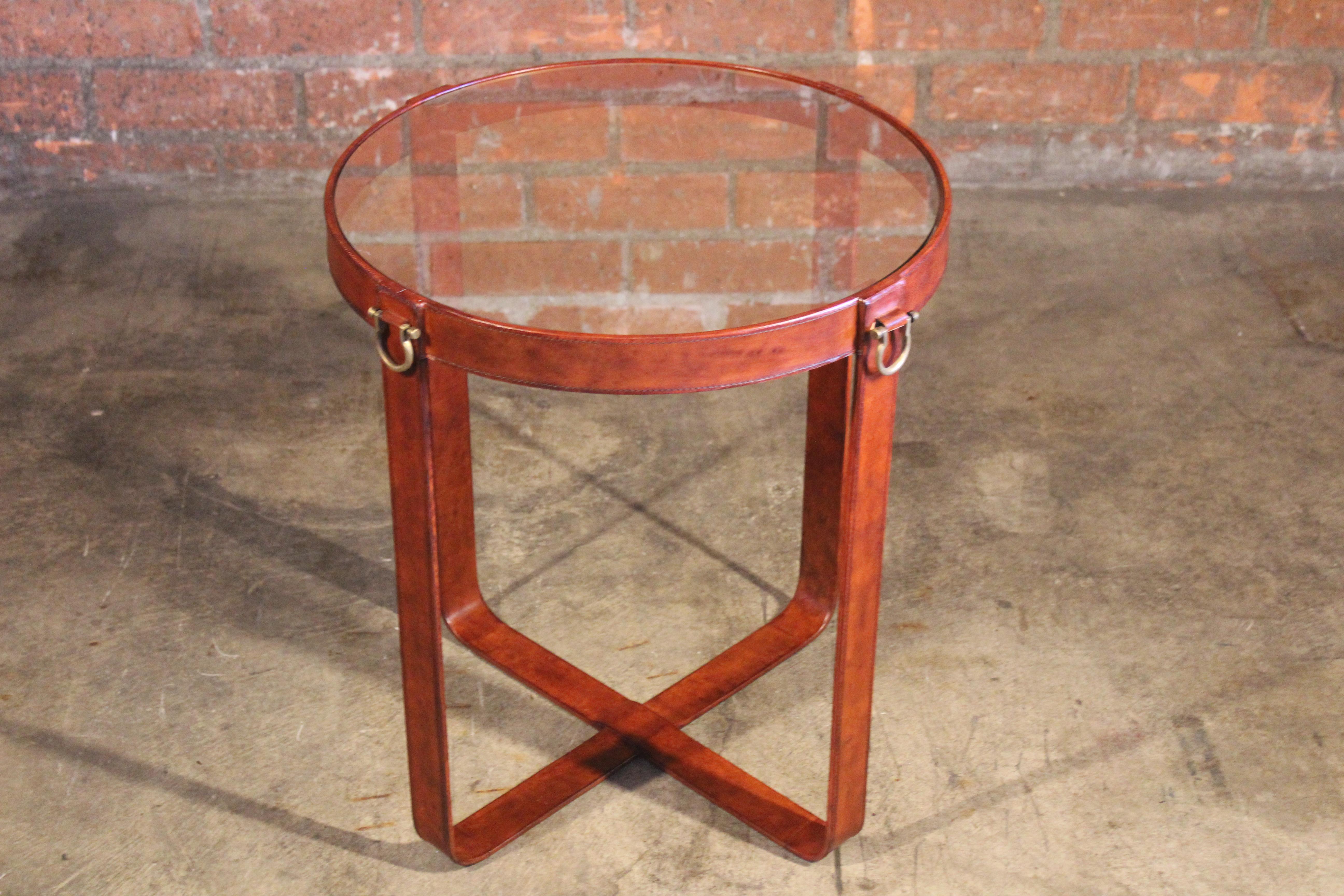 Mid-Century Modern Leather and Glass Side Table in the Style of Jacques Adnet