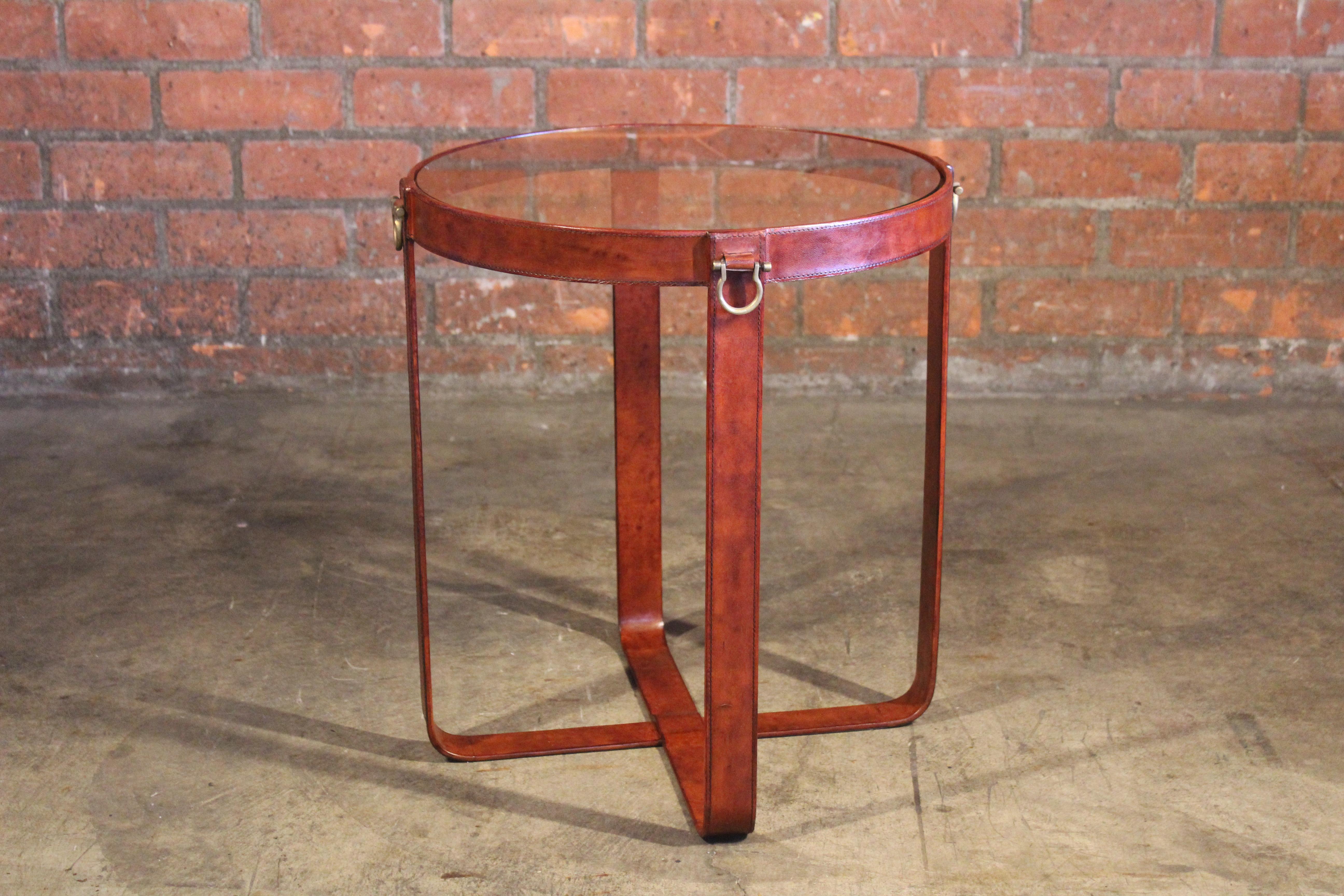 French Leather and Glass Side Table in the Style of Jacques Adnet