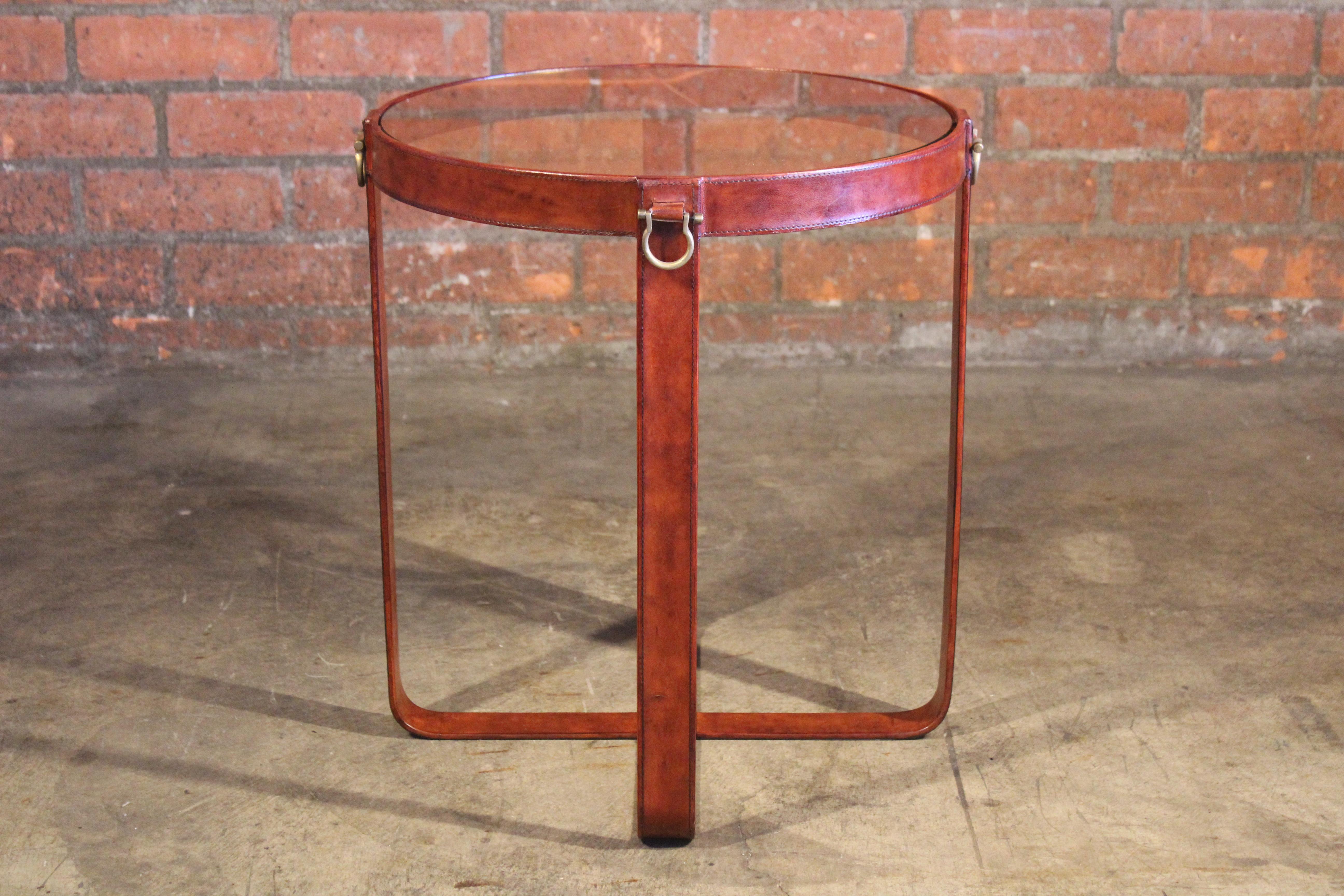 Leather and Glass Side Table in the Style of Jacques Adnet In Good Condition In Los Angeles, CA