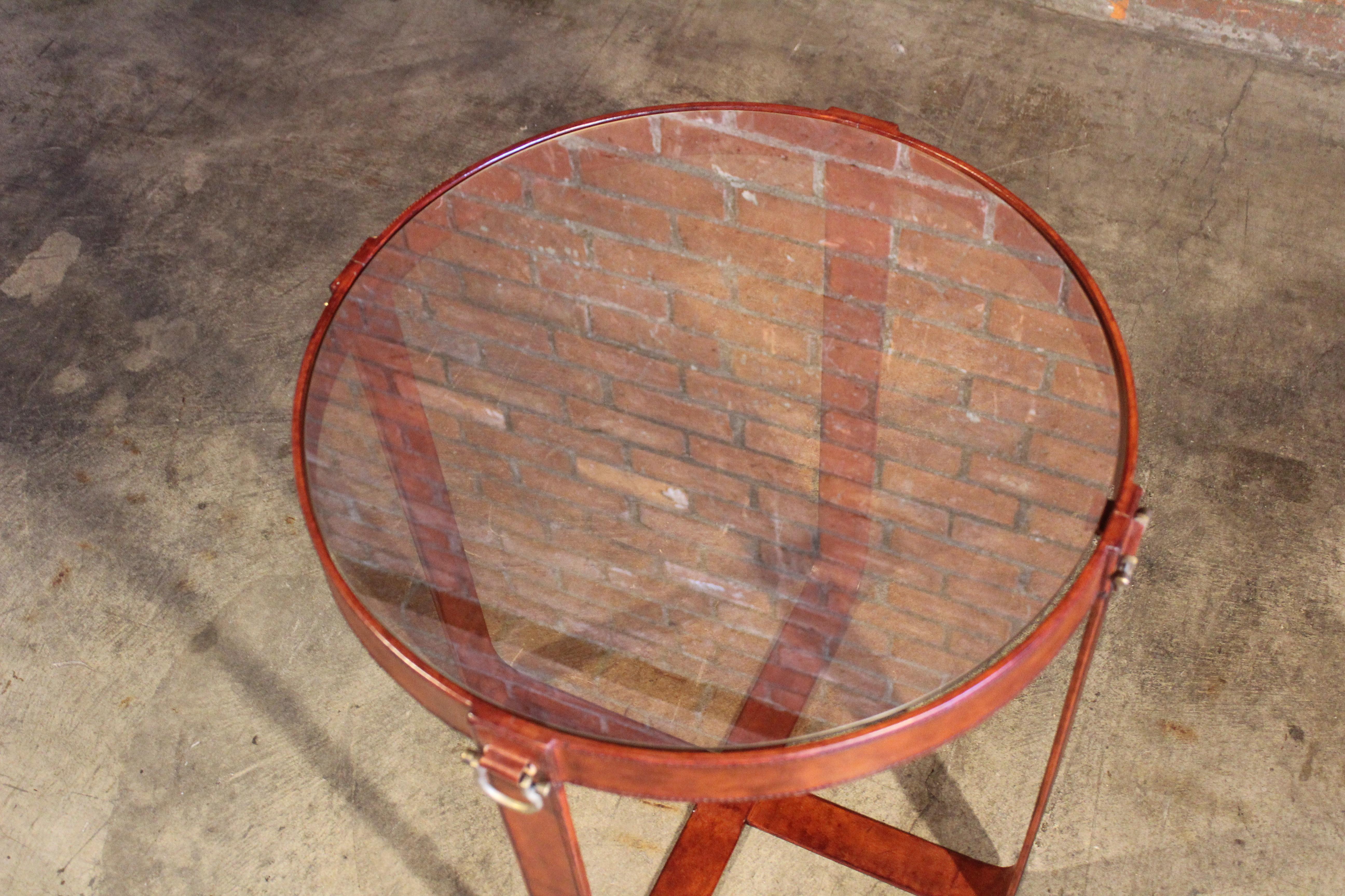 Leather and Glass Side Table in the Style of Jacques Adnet 1