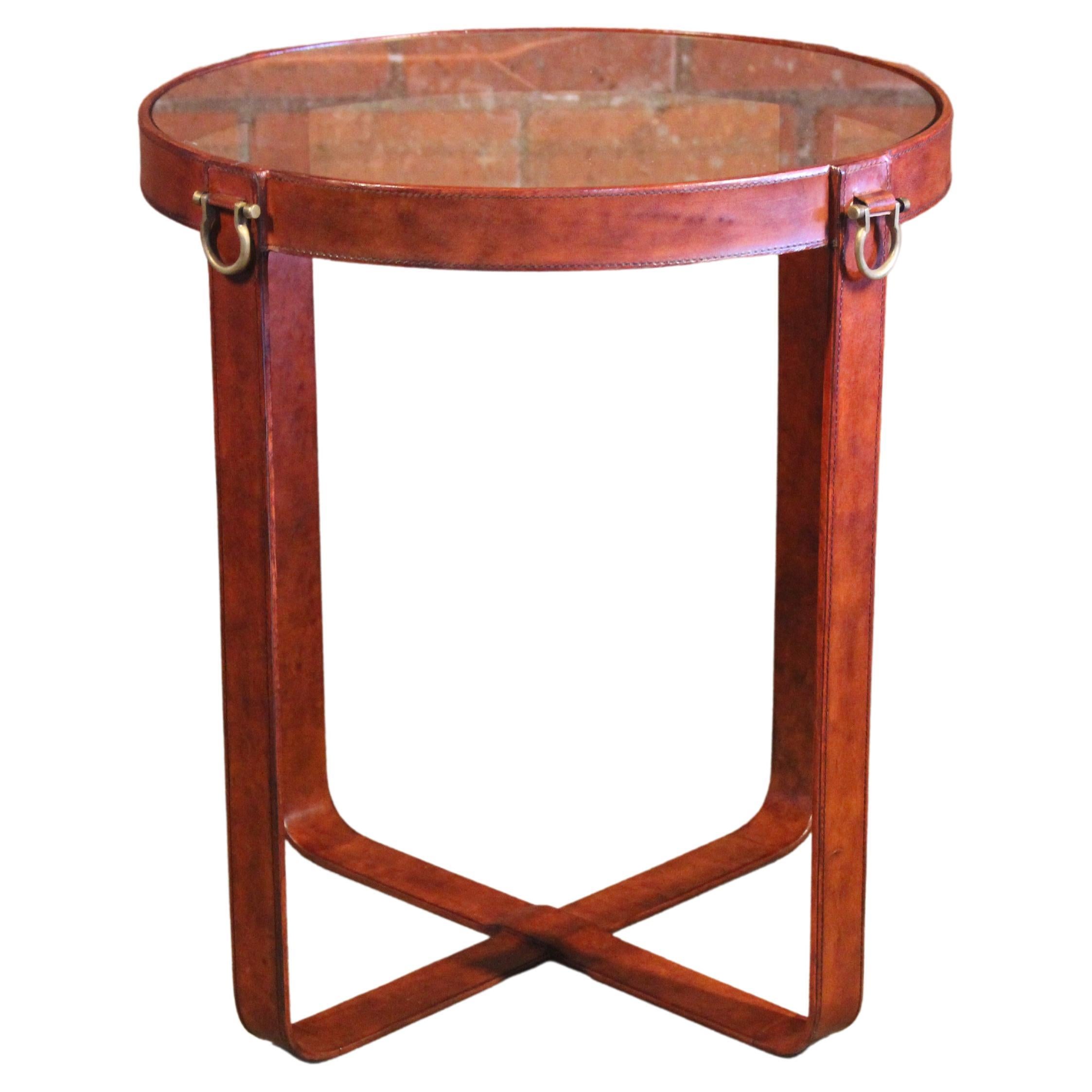 Leather and Glass Side Table in the Style of Jacques Adnet