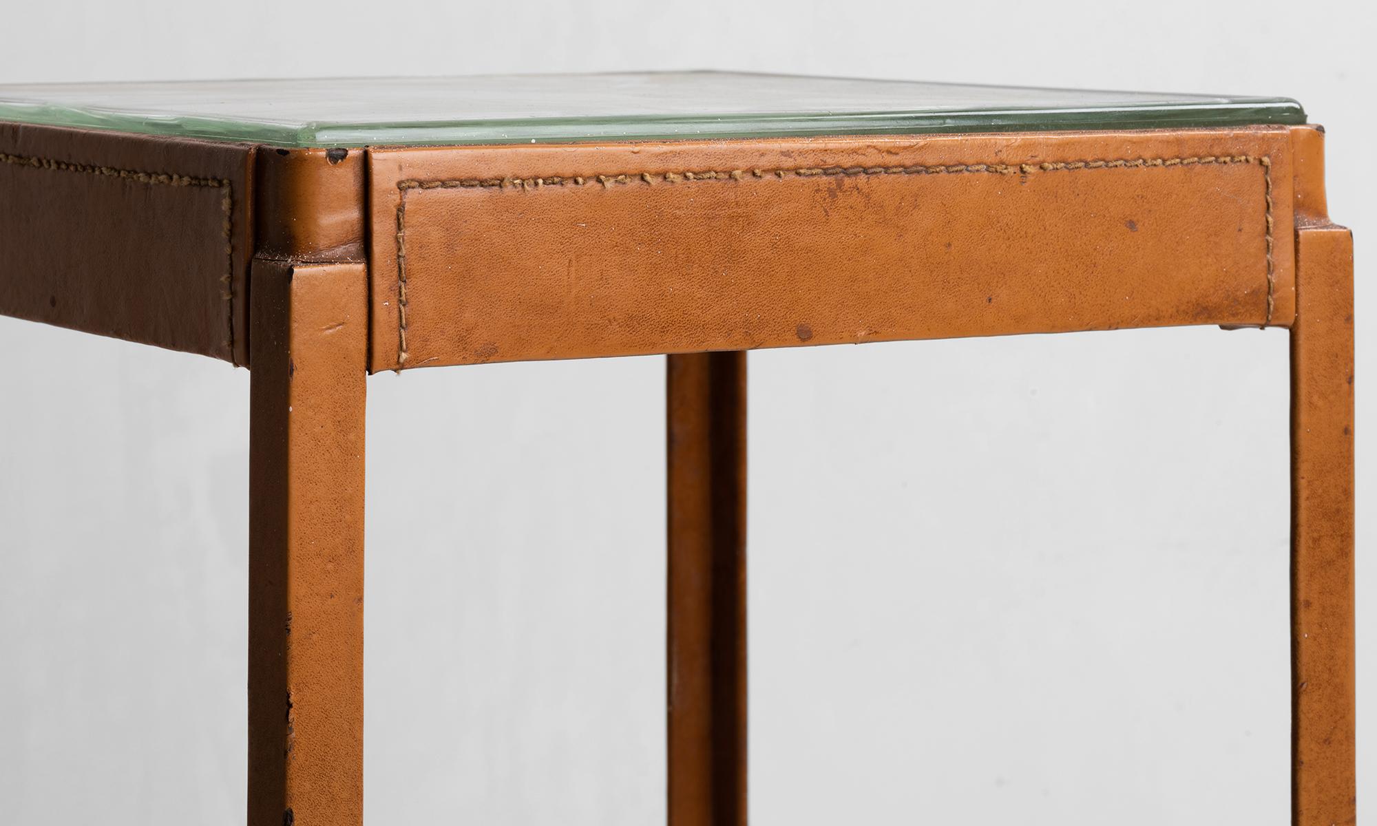 French Leather and Glass Standing Side Table