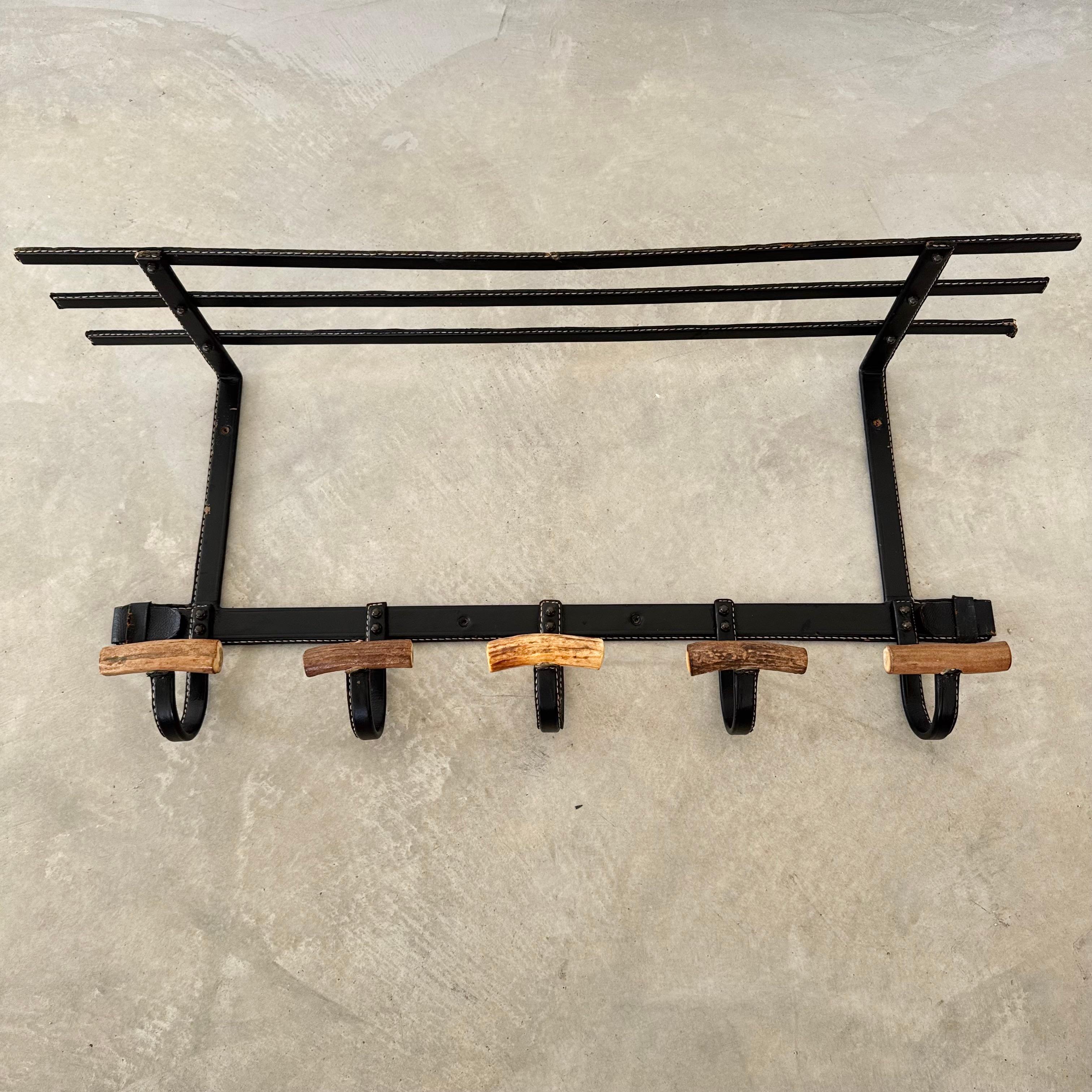 French Leather and Horn Coat Rack by Jacques Adnet, 1950s France For Sale