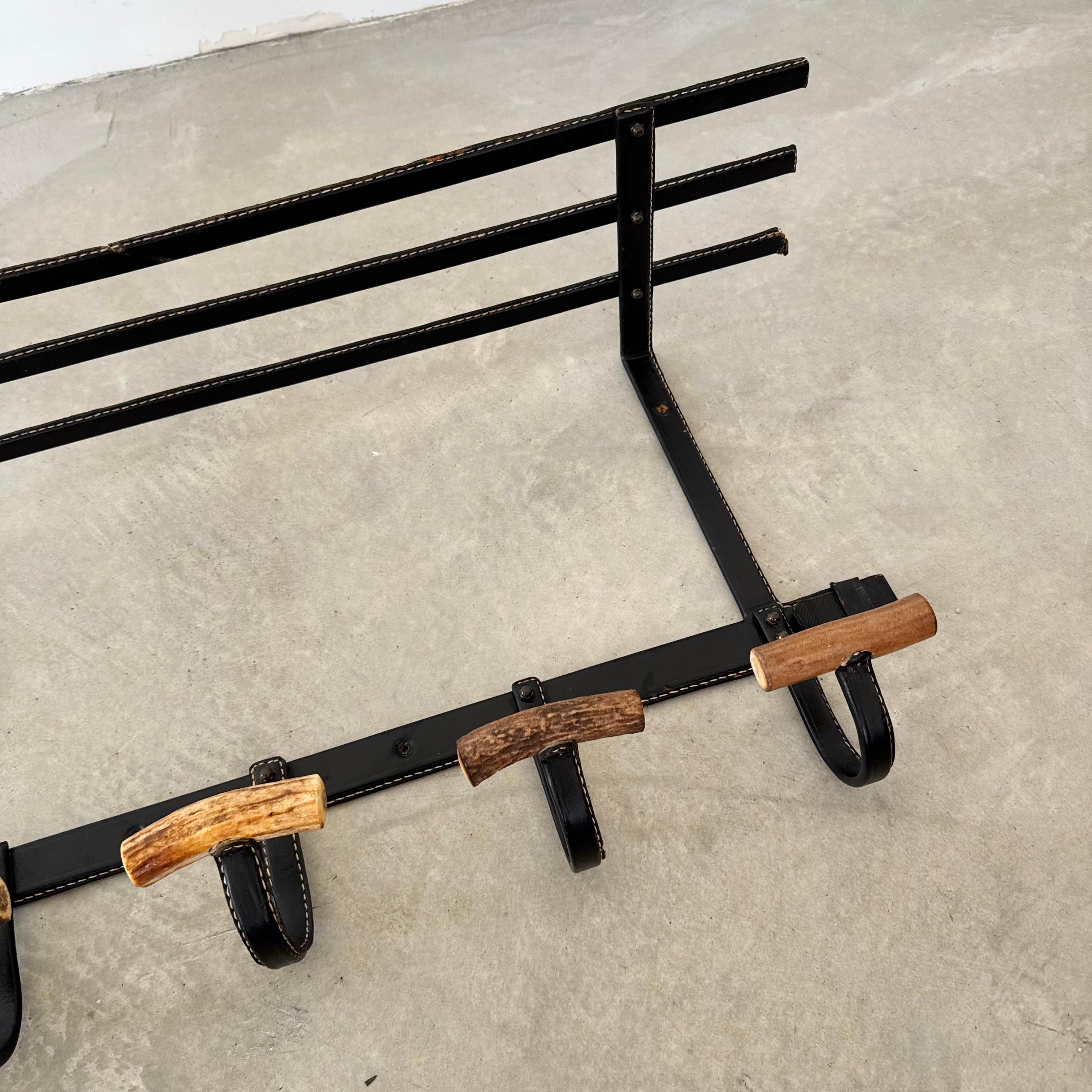 Iron Leather and Horn Coat Rack by Jacques Adnet, 1950s France For Sale