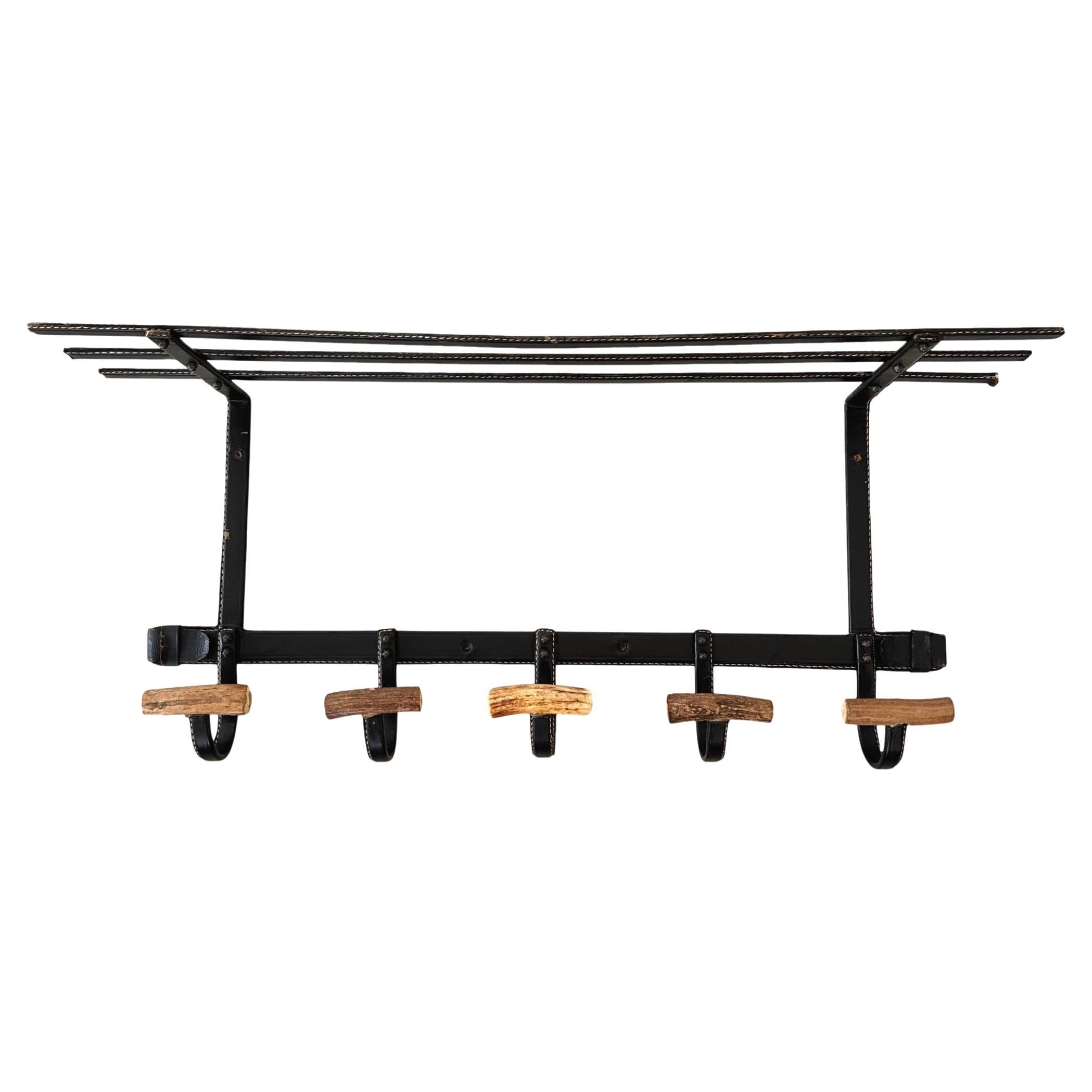Leather and Horn Coat Rack by Jacques Adnet, 1950s France