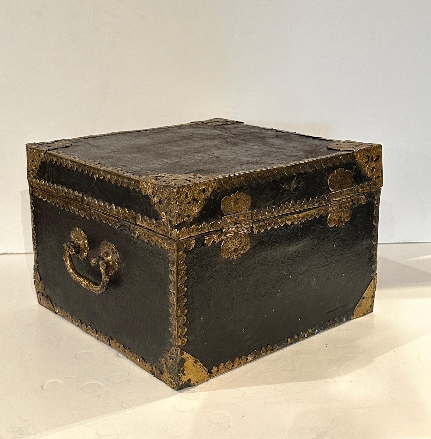 Hand-Crafted Leather and Incised Brass Document Box For Sale