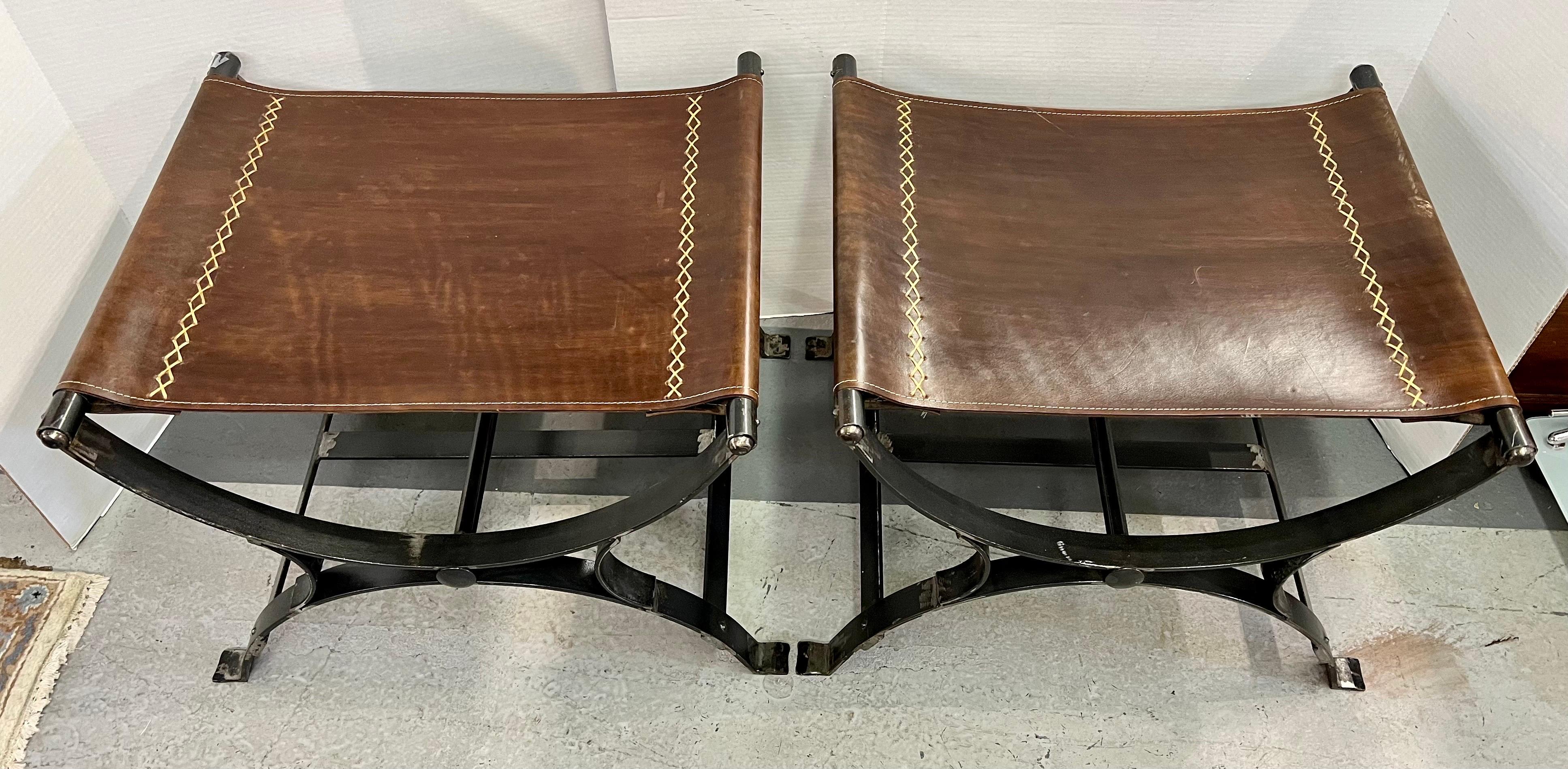 Leather and Iron Campaign X-base Benches Stools In Good Condition In West Hartford, CT