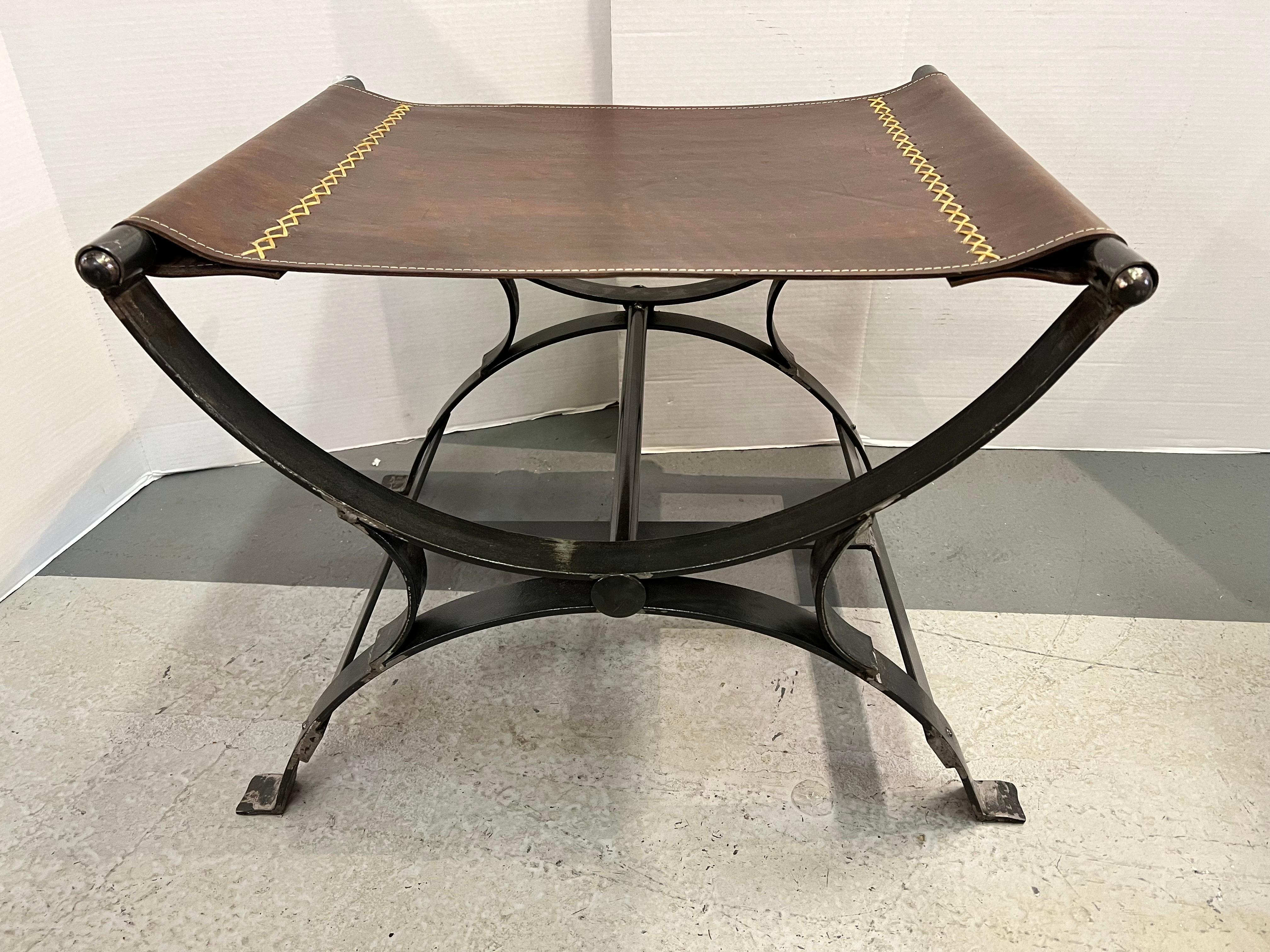 20th Century Leather and Iron Campaign X-base Benches Stools