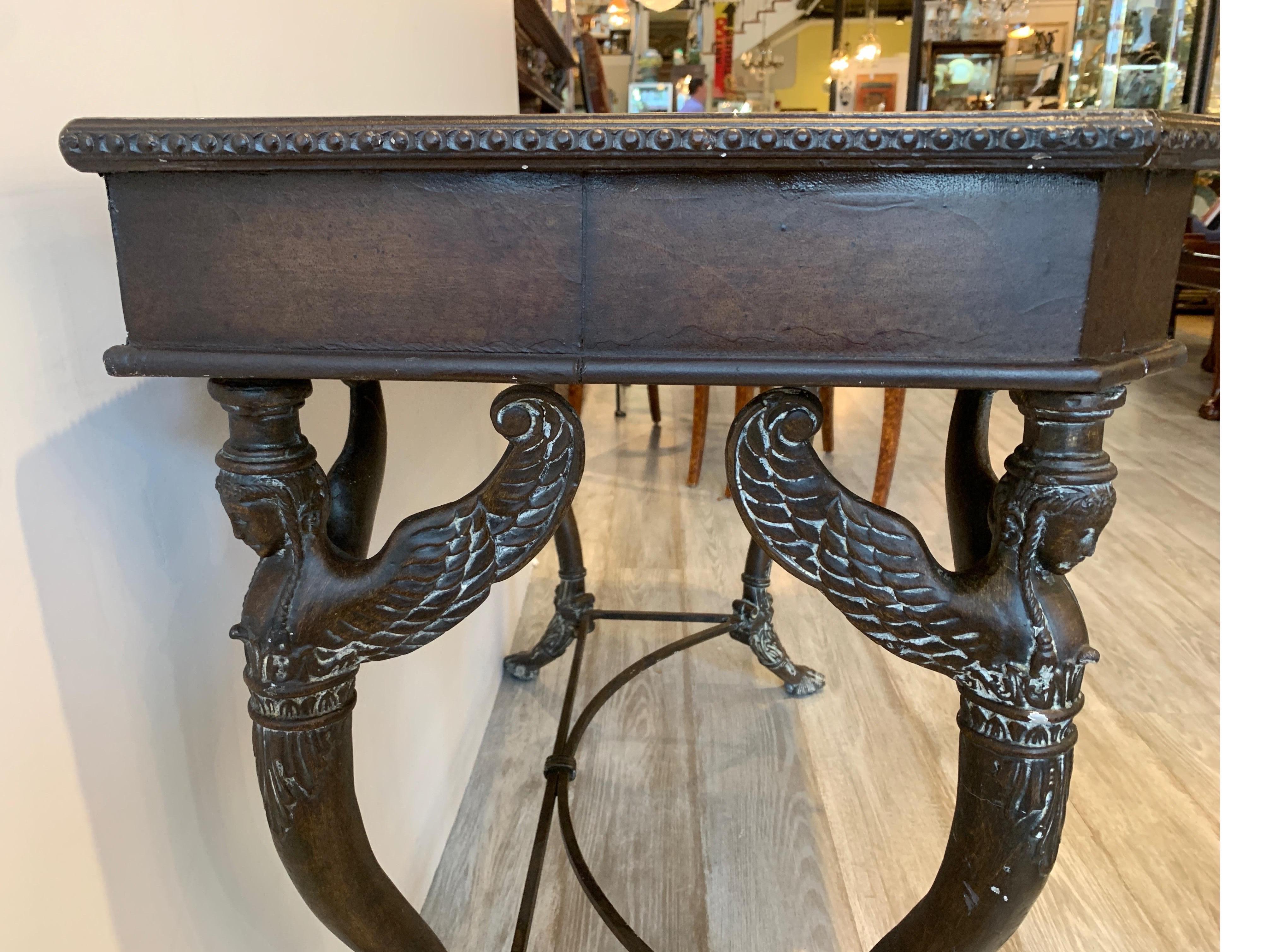 Asian Leather and Iron Console Writing Desk with Chair