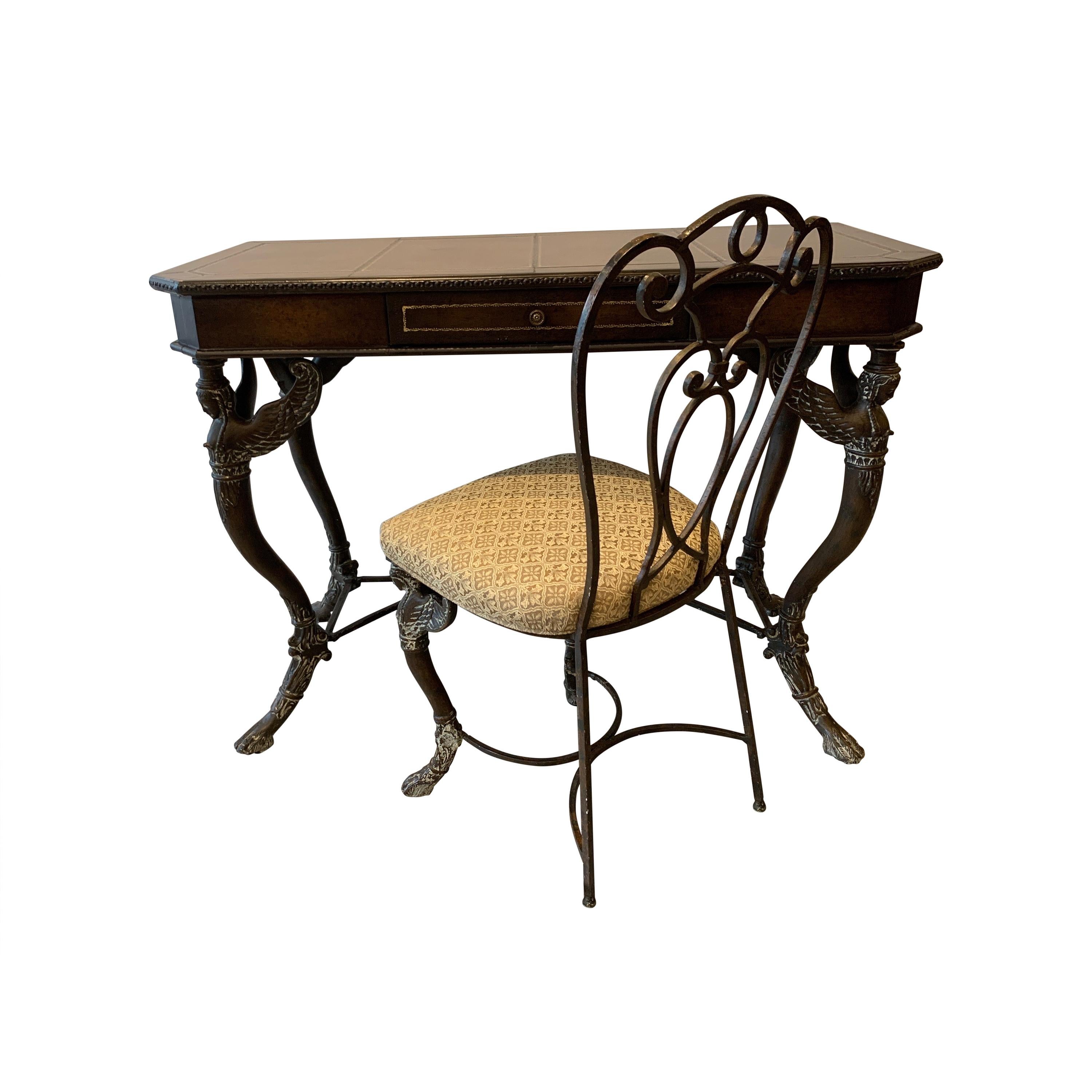 Leather and Iron Console Writing Desk with Chair