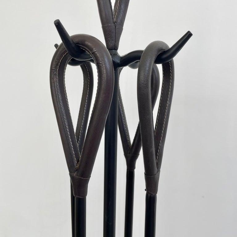 Leather and Iron Fireplace Set in the Style of Jacques Adnet, 1980s USA For Sale 1