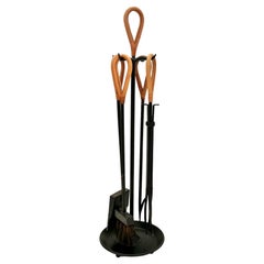 Retro Leather and Iron Fireplace Set in the Style of Jacques Adnet, 1960s France