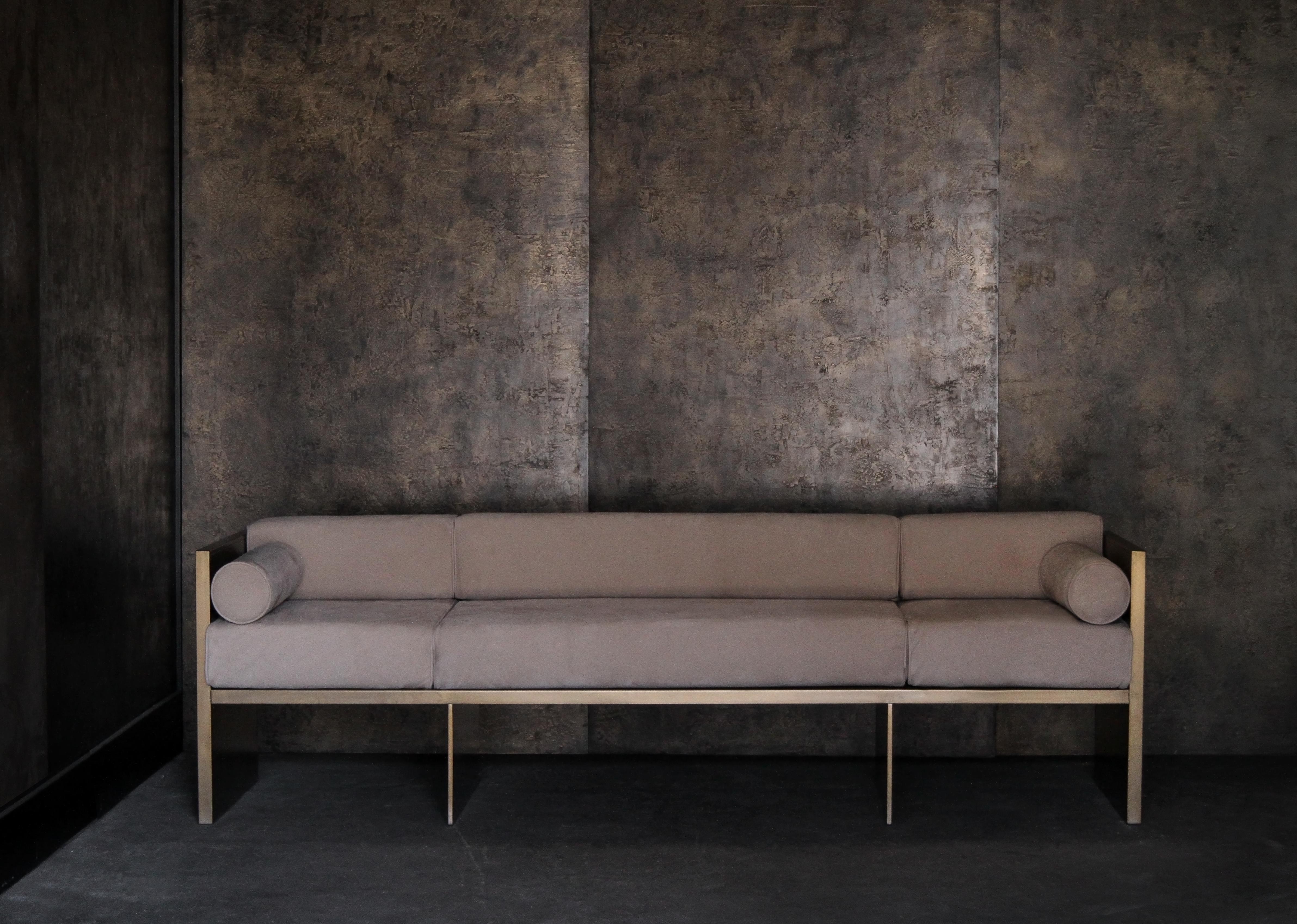 The (wh)ORE HAüS STUDIOS Stone Sofa is made of steel, marble and leather. This piece is made to order and can, therefore, be customized. 

(wh)ORE HAüS STUDIOS is a female run and operated design studio based in Downtown Los Angeles. Founded by a
