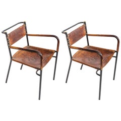 Leather and Metal Armchairs in the Style of Adnet