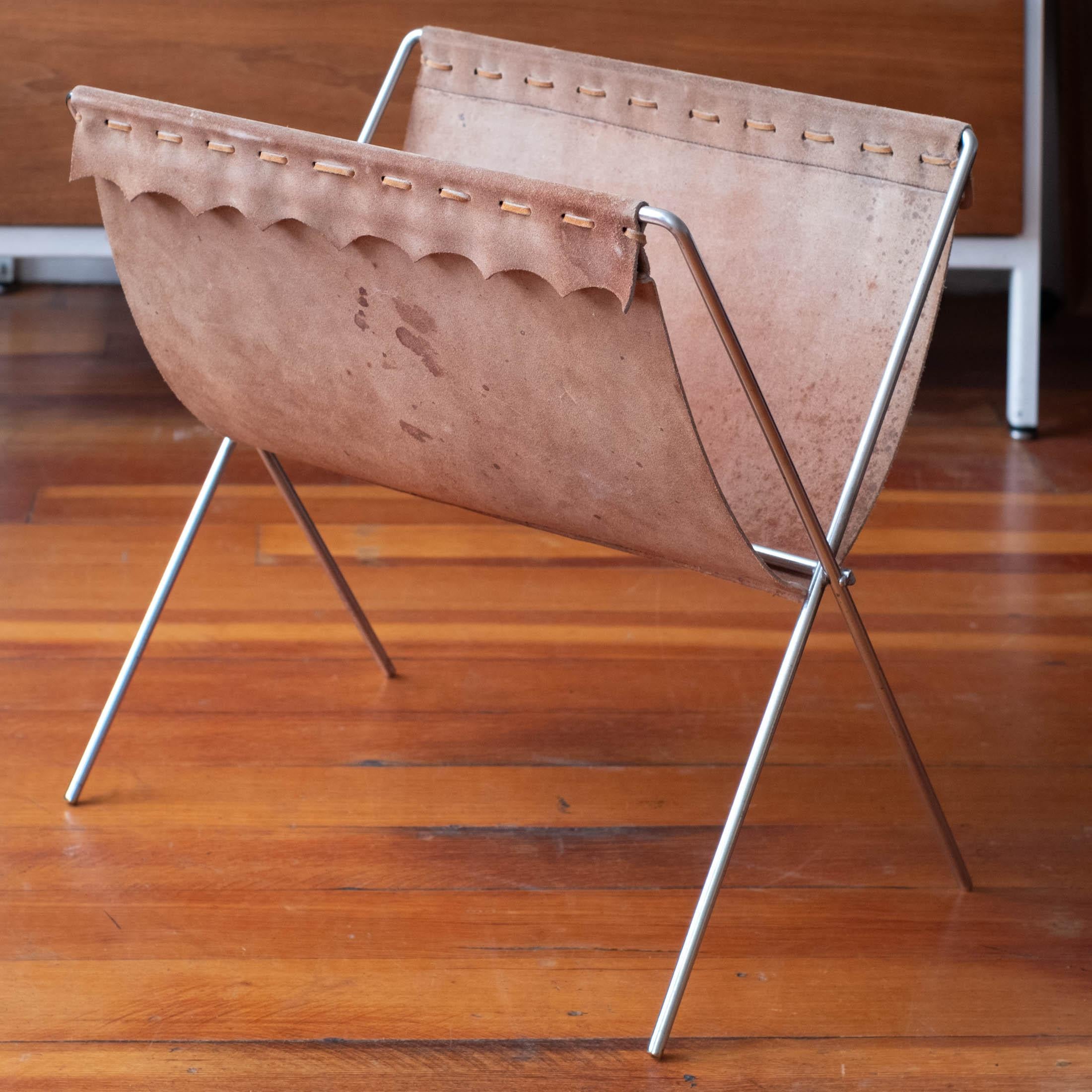 Danish suede leather and metal folding magazine stand, 1960s.