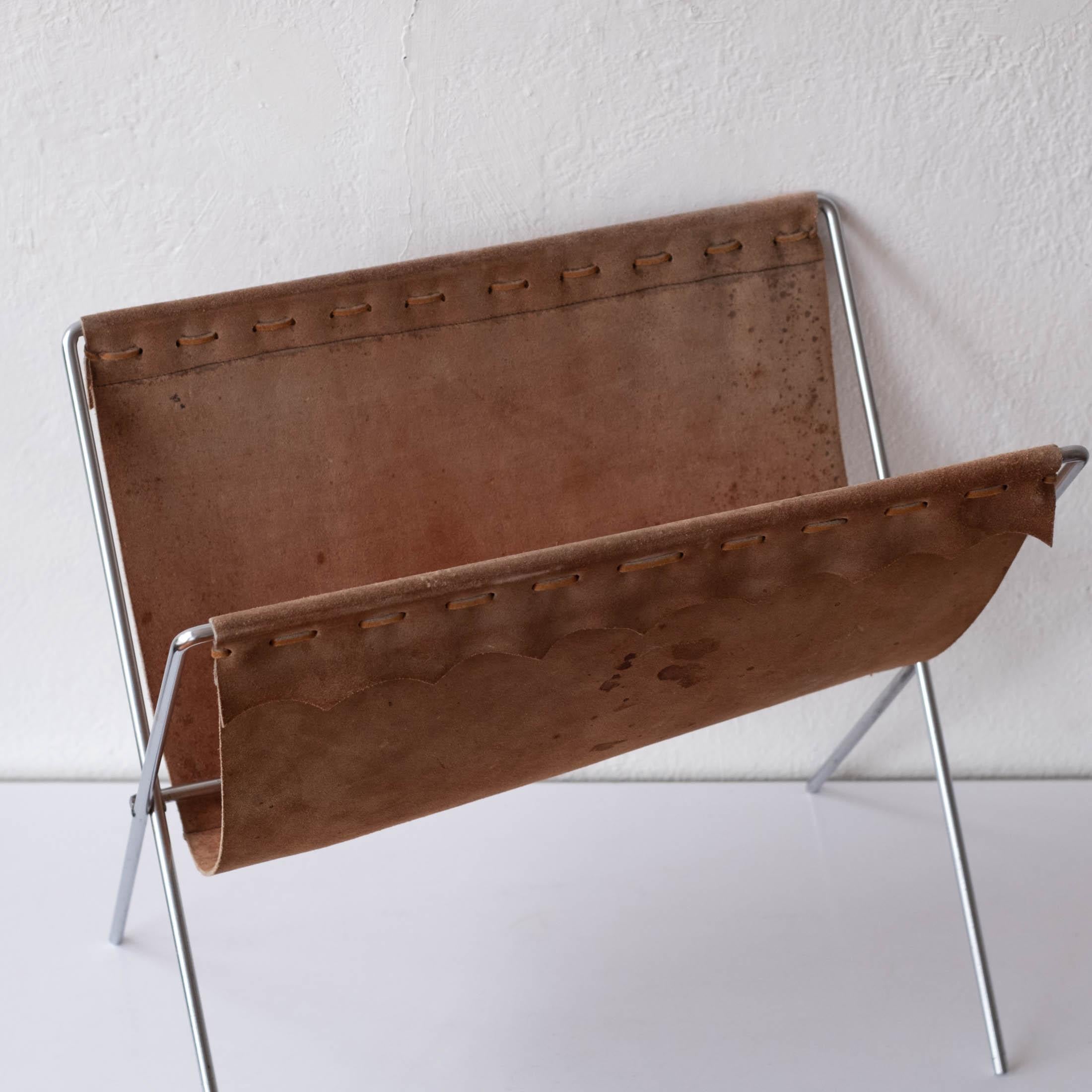 Leather and Metal Magazine Holder Denmark, 1960s For Sale 1