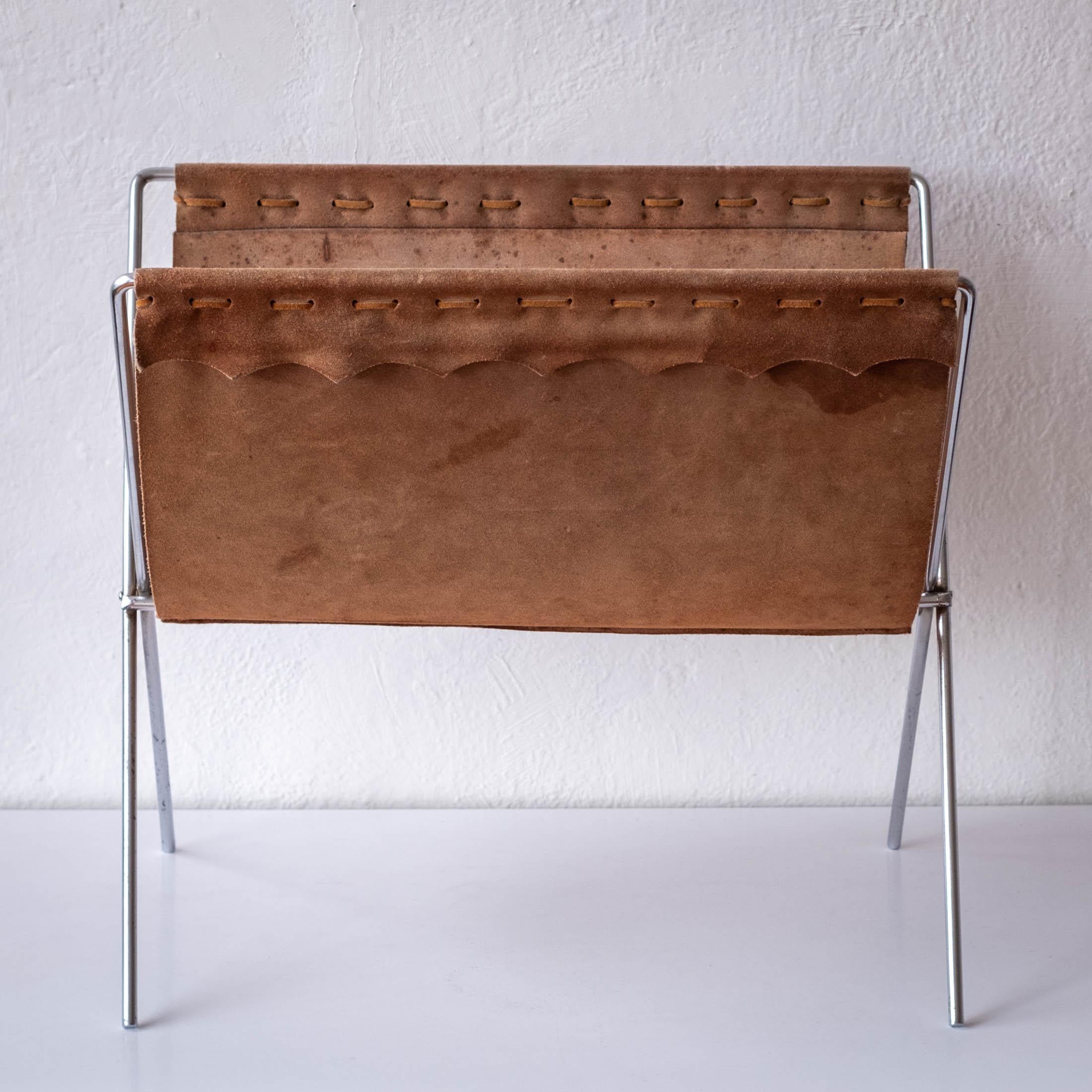 Leather and Metal Magazine Holder Denmark, 1960s For Sale 2