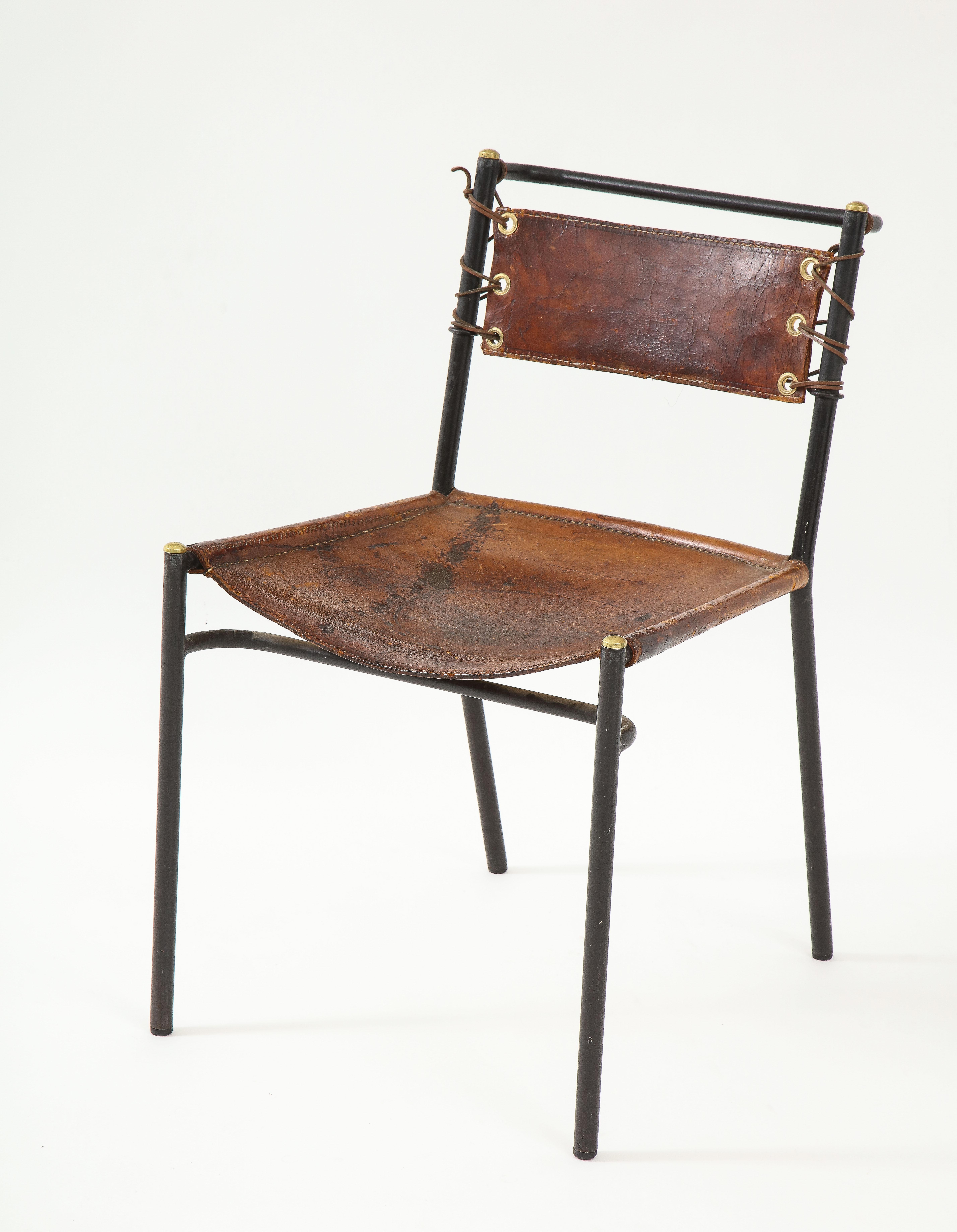 Leather and Metal Side Chair in the Style of Jacques Adnet, France, c. 1950s For Sale 5
