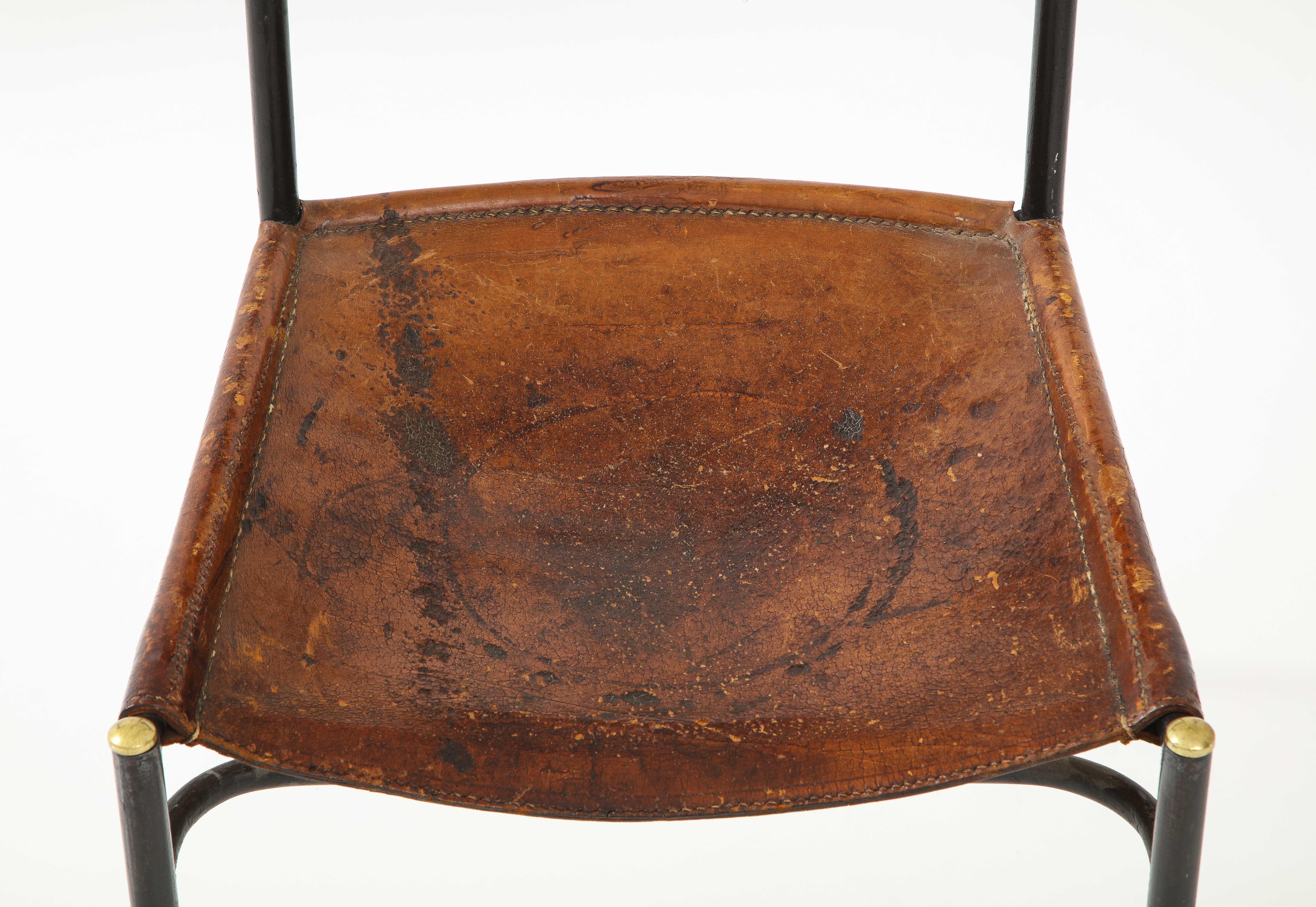 Leather and Metal Side Chair in the Style of Jacques Adnet, France, c. 1950s For Sale 8