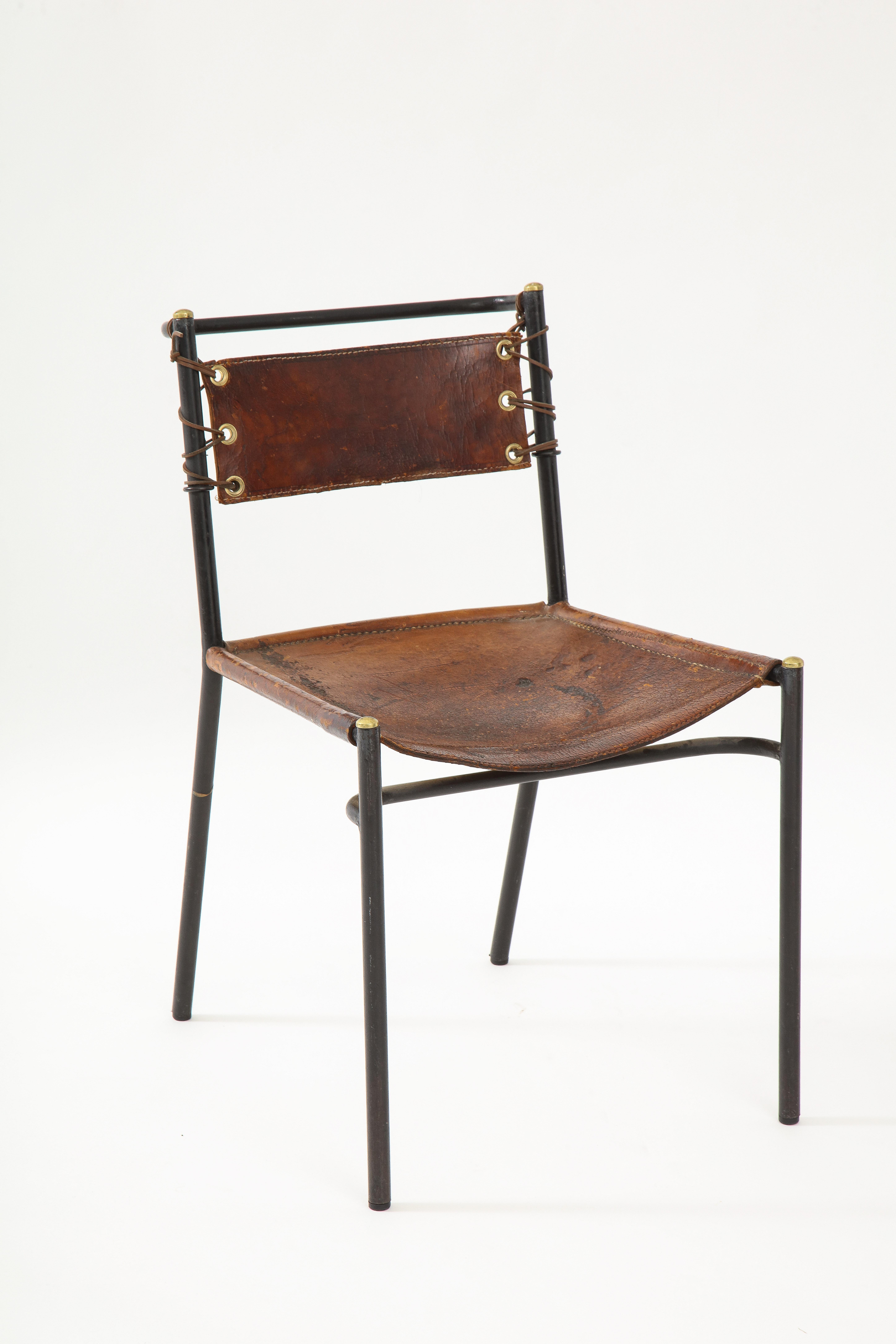 Modern Leather and Metal Side Chair in the Style of Jacques Adnet, France, c. 1950s For Sale