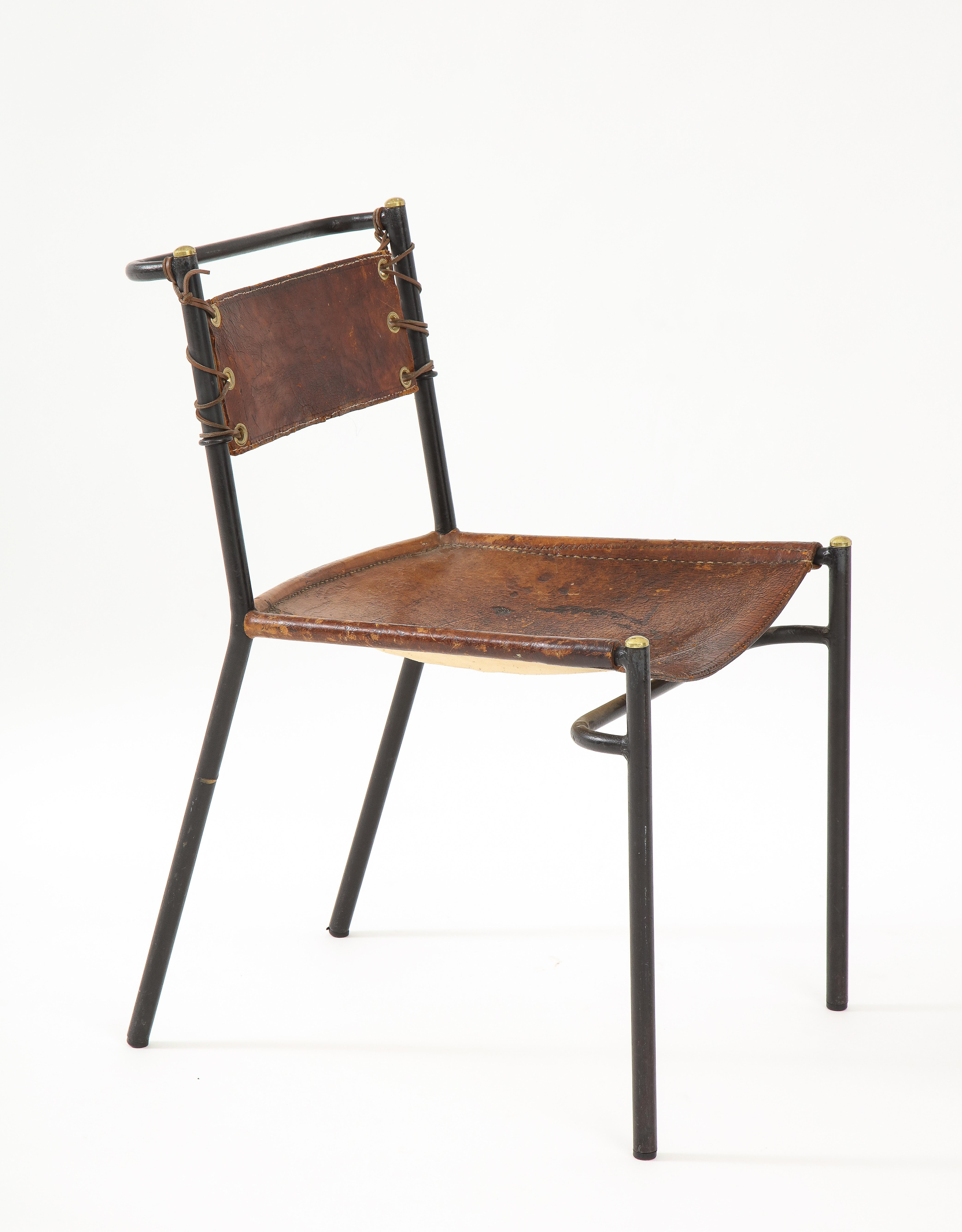 French Leather and Metal Side Chair in the Style of Jacques Adnet, France, c. 1950s For Sale