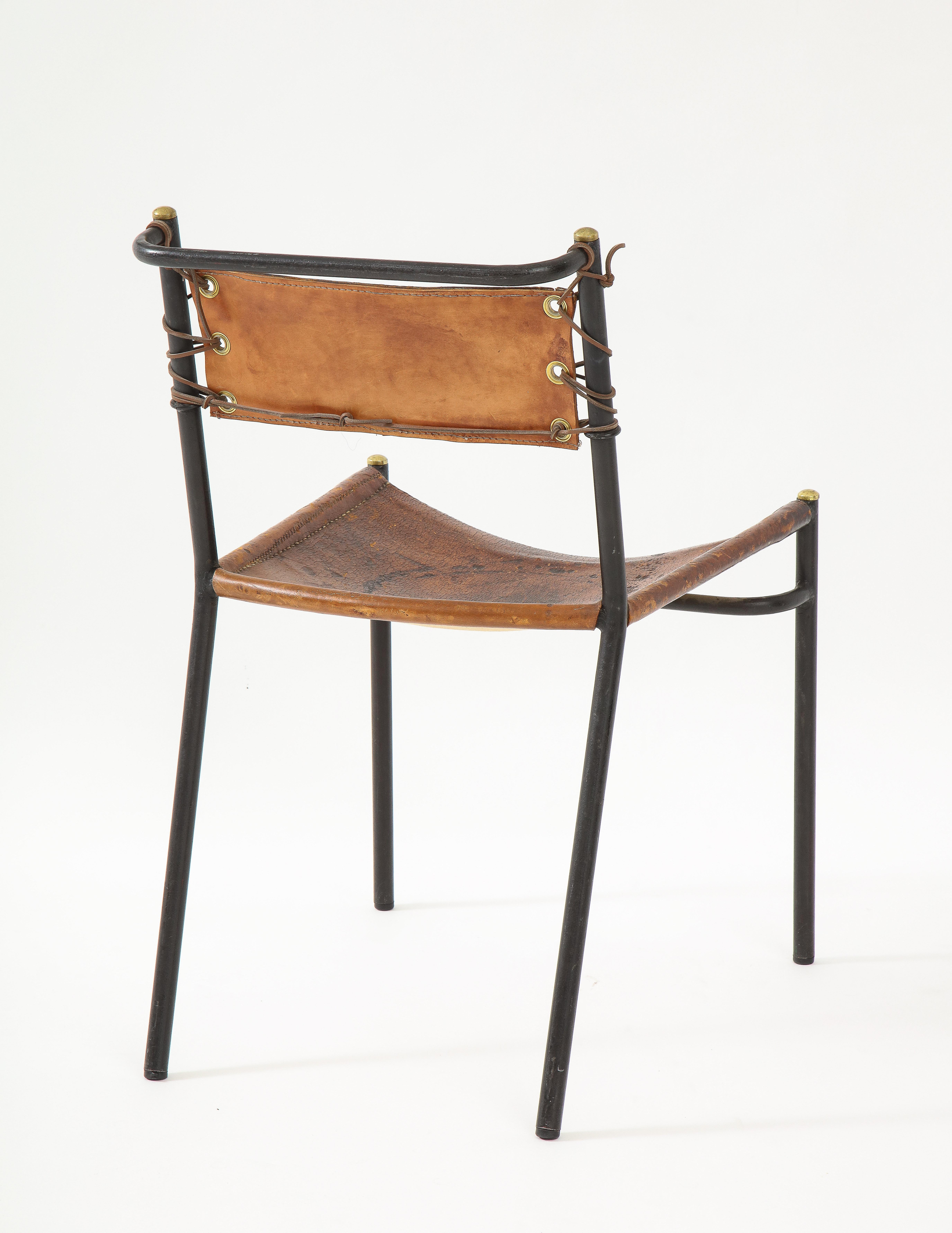 Mid-20th Century Leather and Metal Side Chair in the Style of Jacques Adnet, France, c. 1950s For Sale