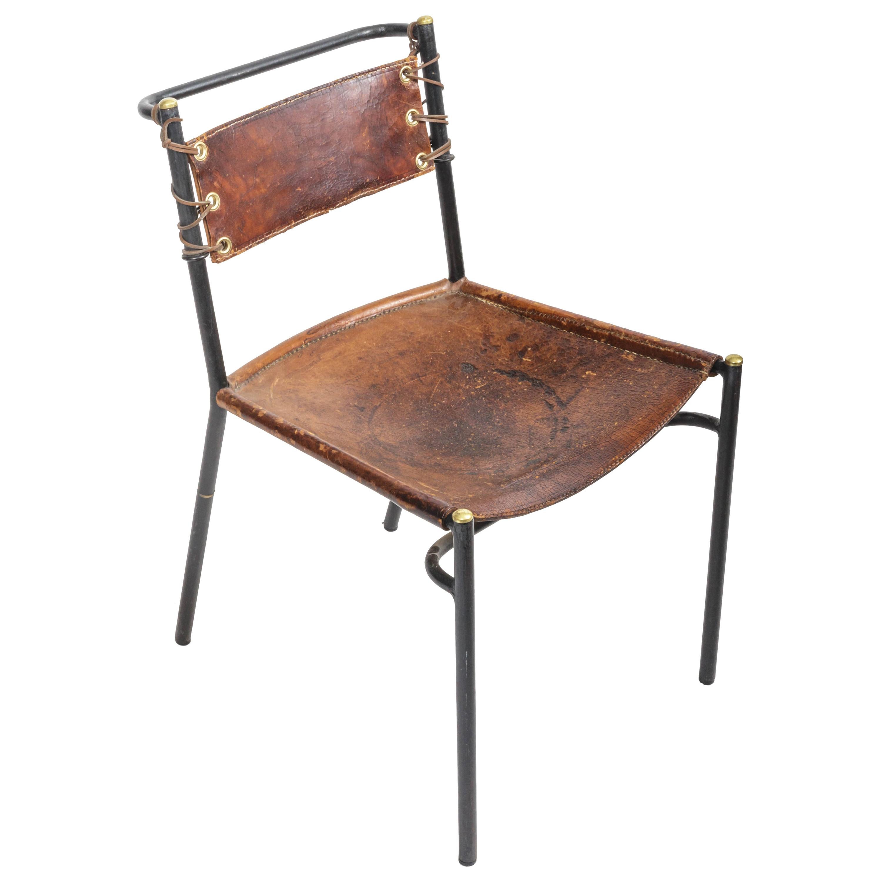 Leather and Metal Side Chair in the Style of Jacques Adnet, France, c. 1950s