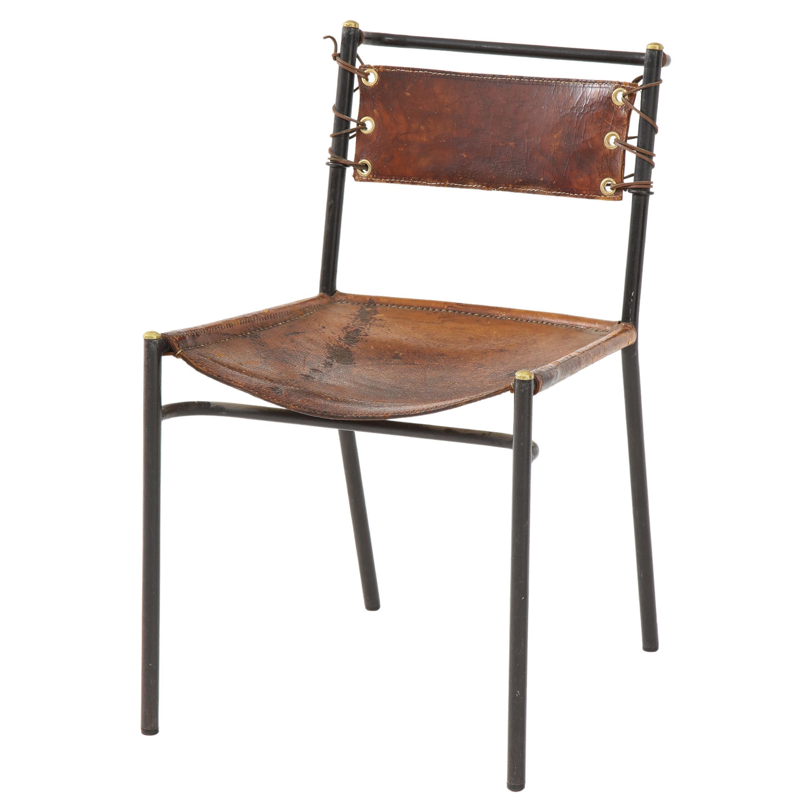 Leather and Metal Side Chair in the Style of Jacques Adnet, France, c. 1950s For Sale