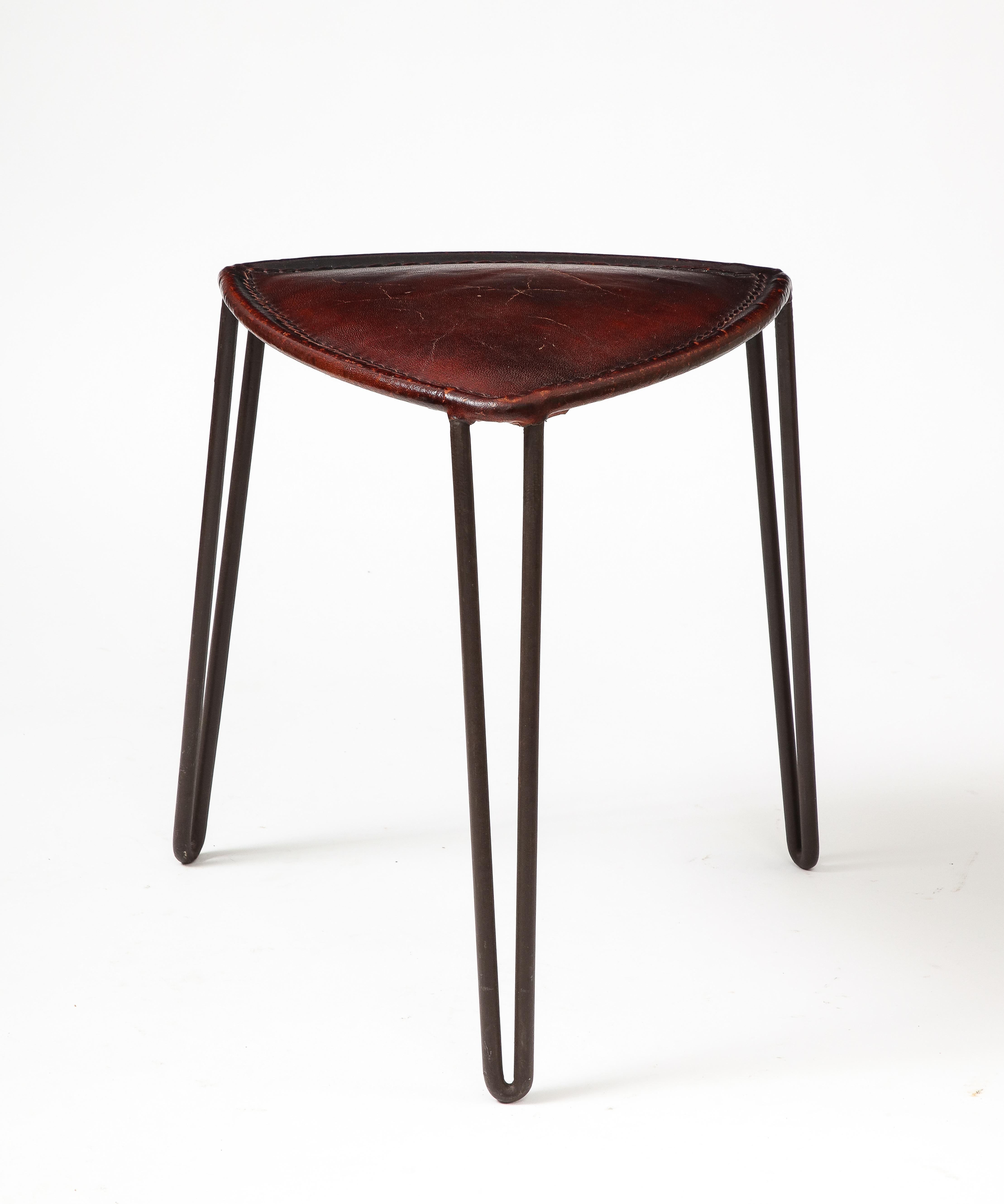 French Leather and Metal Stool, France, c. 1950 For Sale