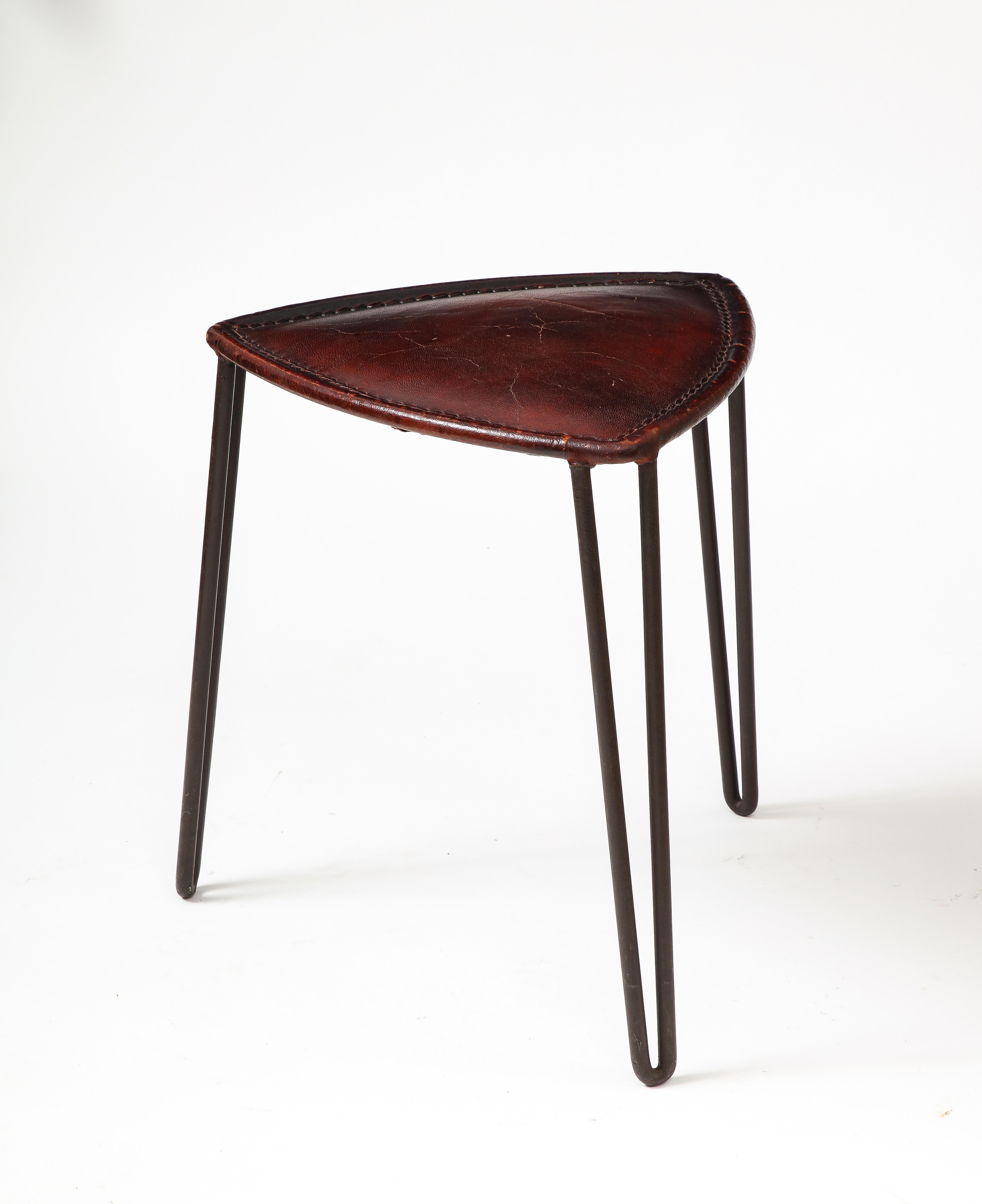 Leather and Metal Stool, France, c. 1950 In Good Condition For Sale In New York City, NY