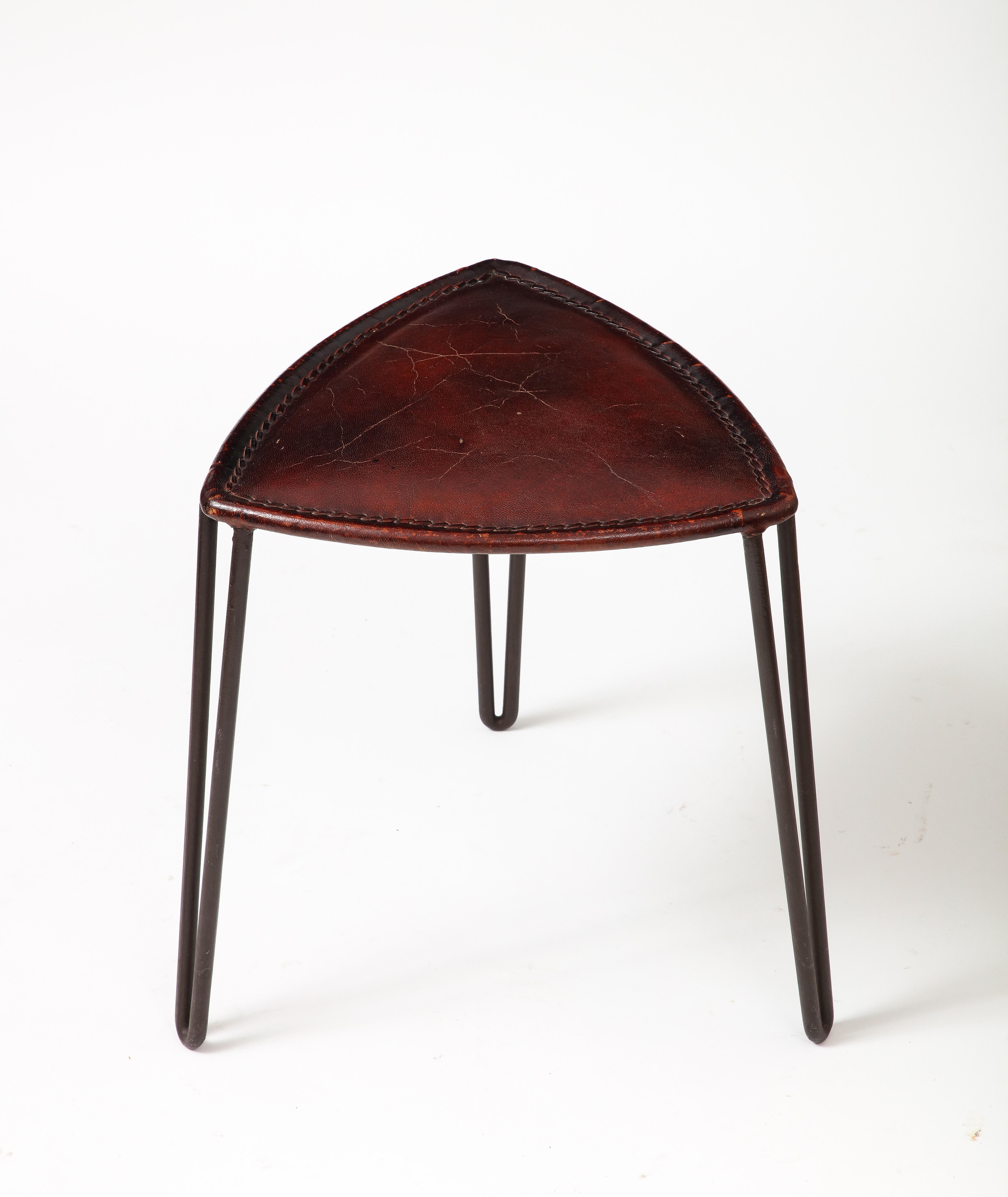 Mid-20th Century Leather and Metal Stool, France, c. 1950 For Sale