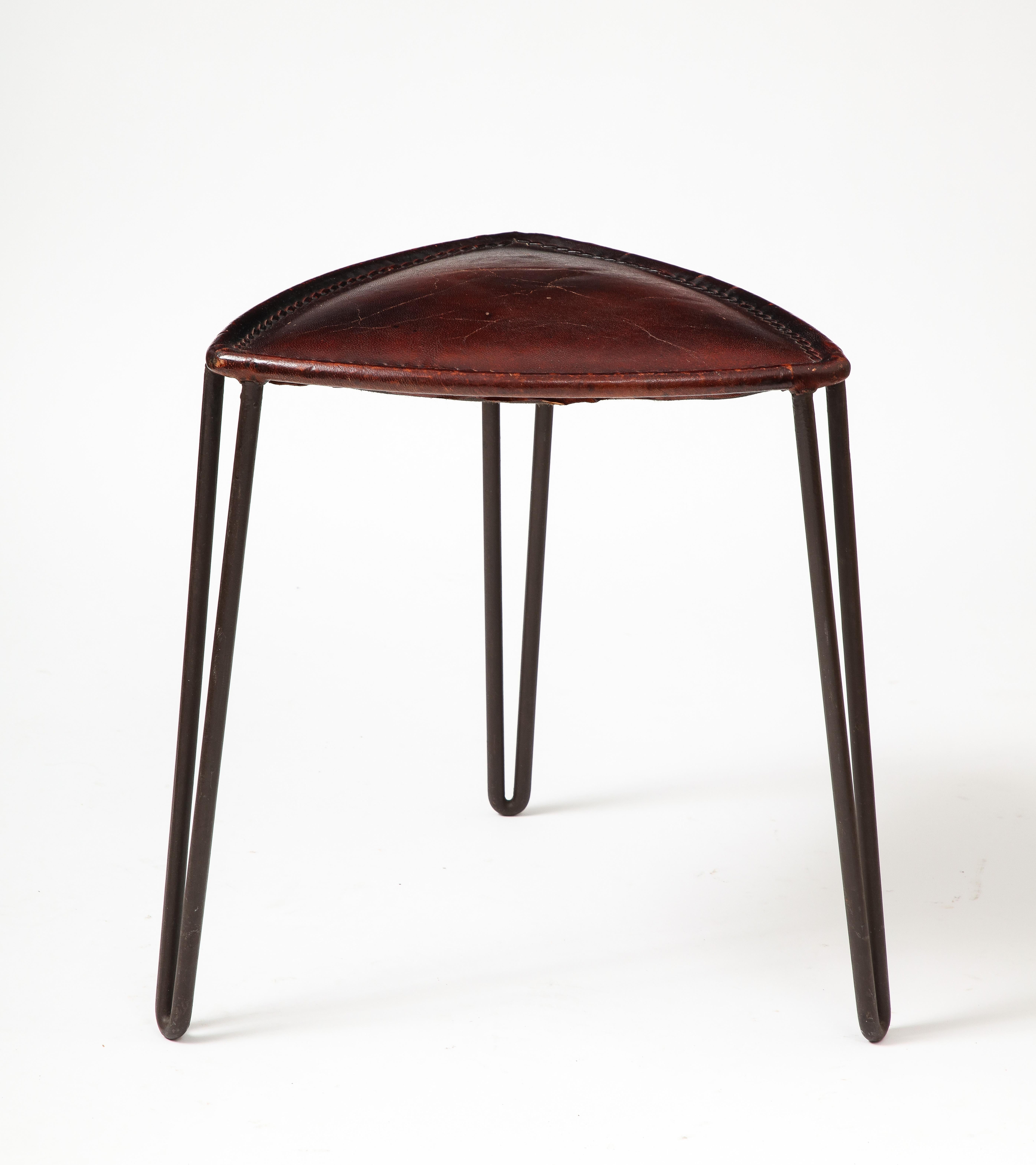 Steel Leather and Metal Stool, France, c. 1950 For Sale