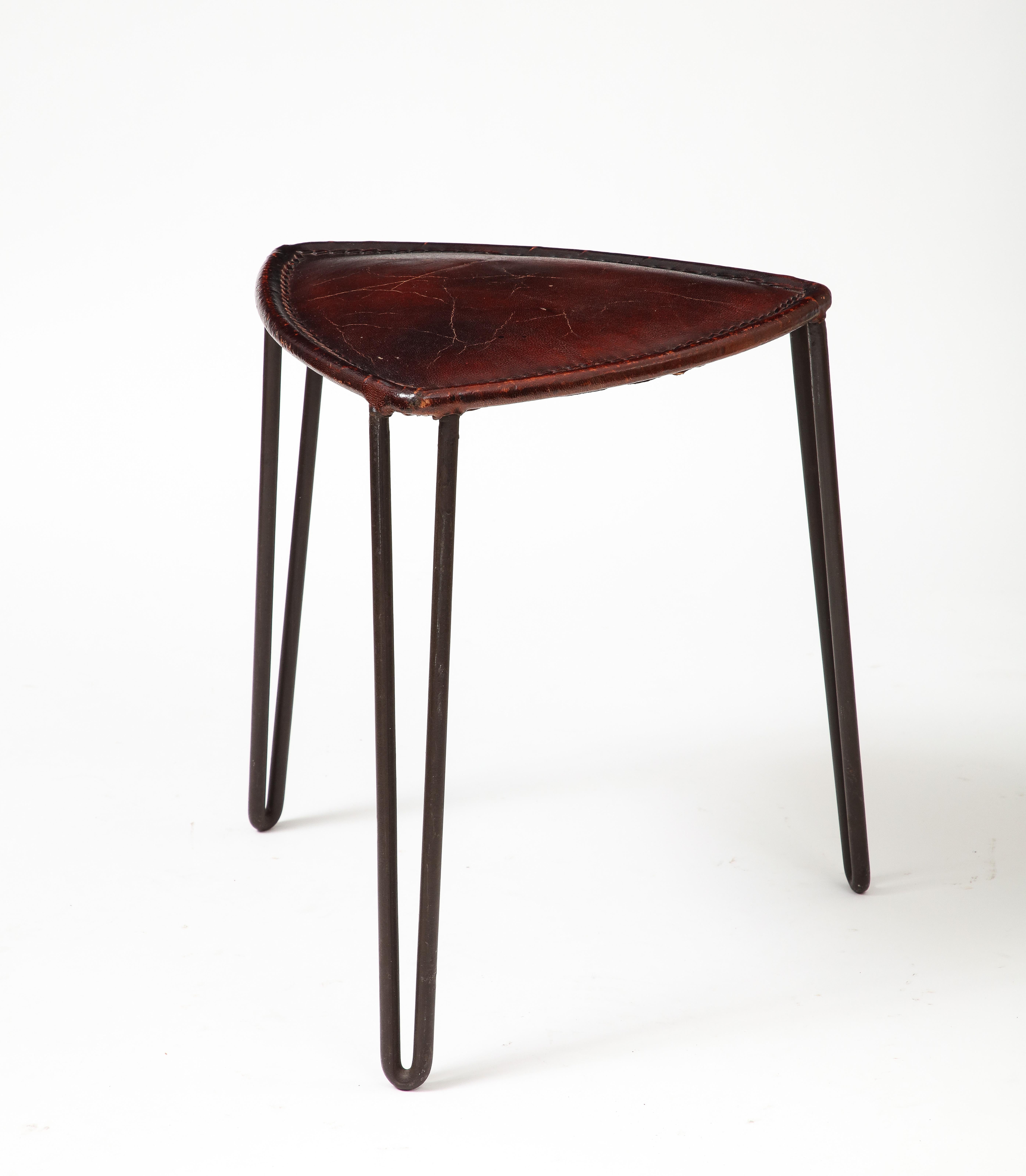 Leather and Metal Stool, France, c. 1950 For Sale 1